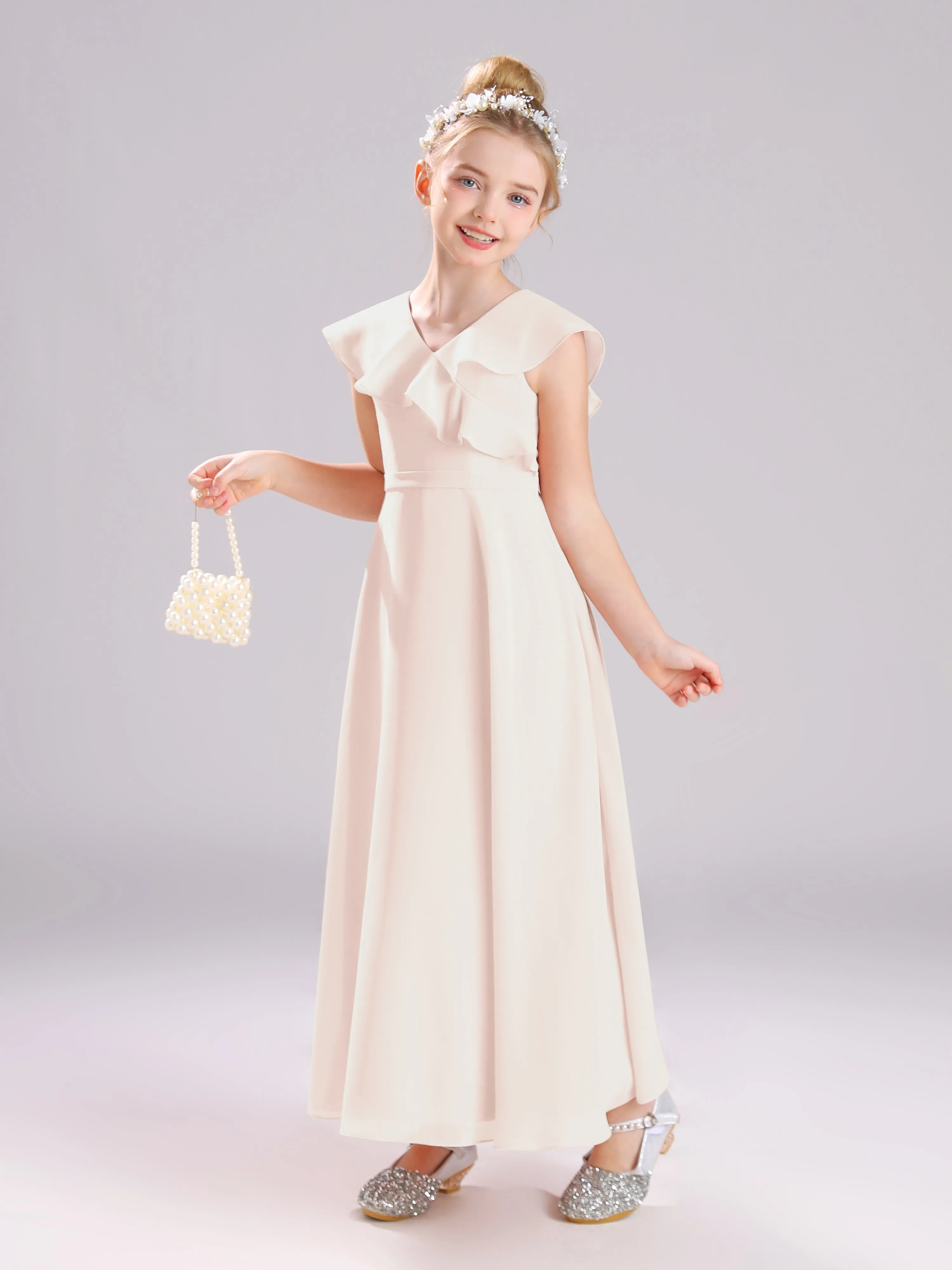 Cap Sleeves V-Neck Open Back Chiffon Junior Bridesmaid Dresses