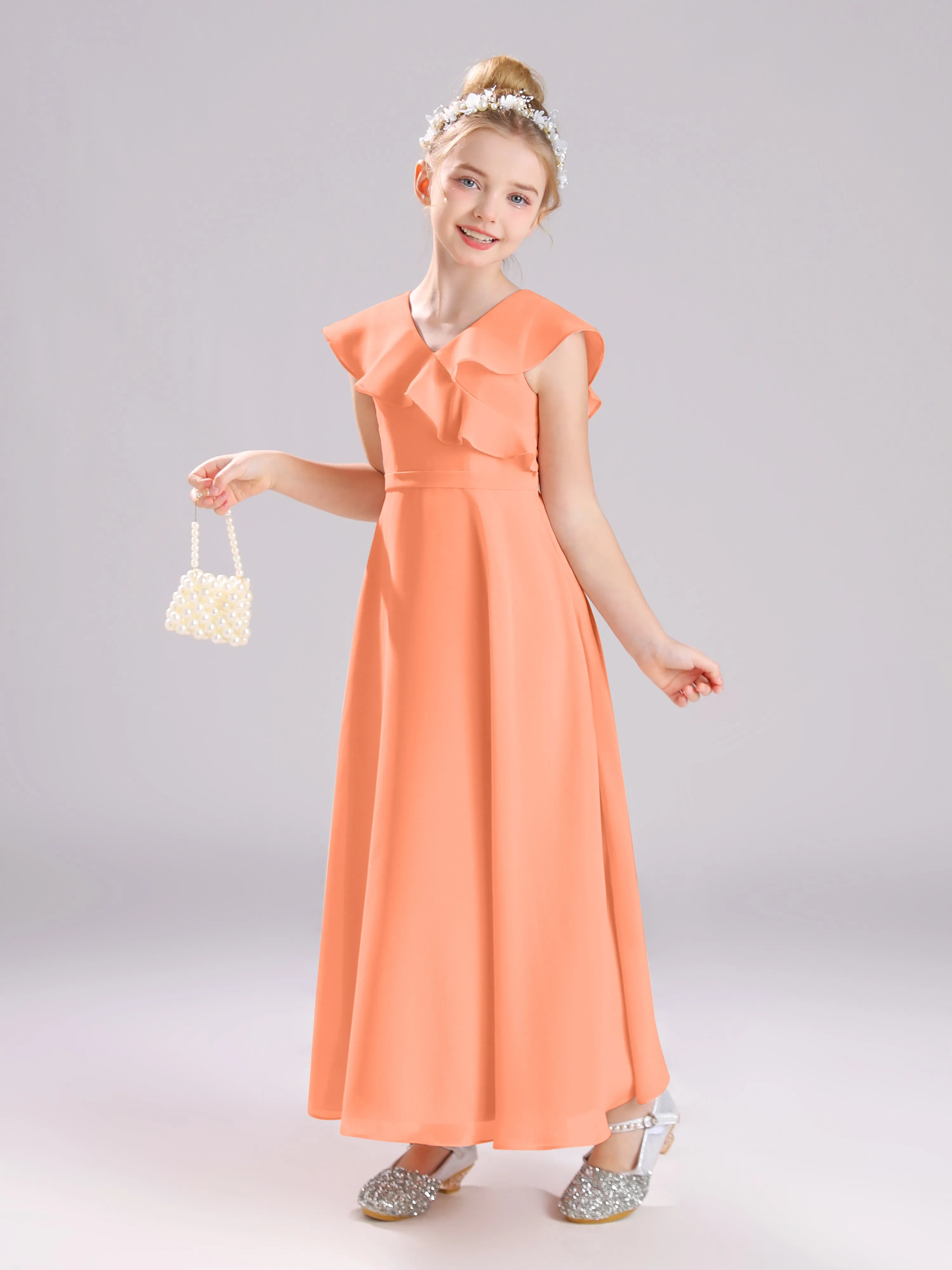 Cap Sleeves V-Neck Open Back Chiffon Junior Bridesmaid Dresses