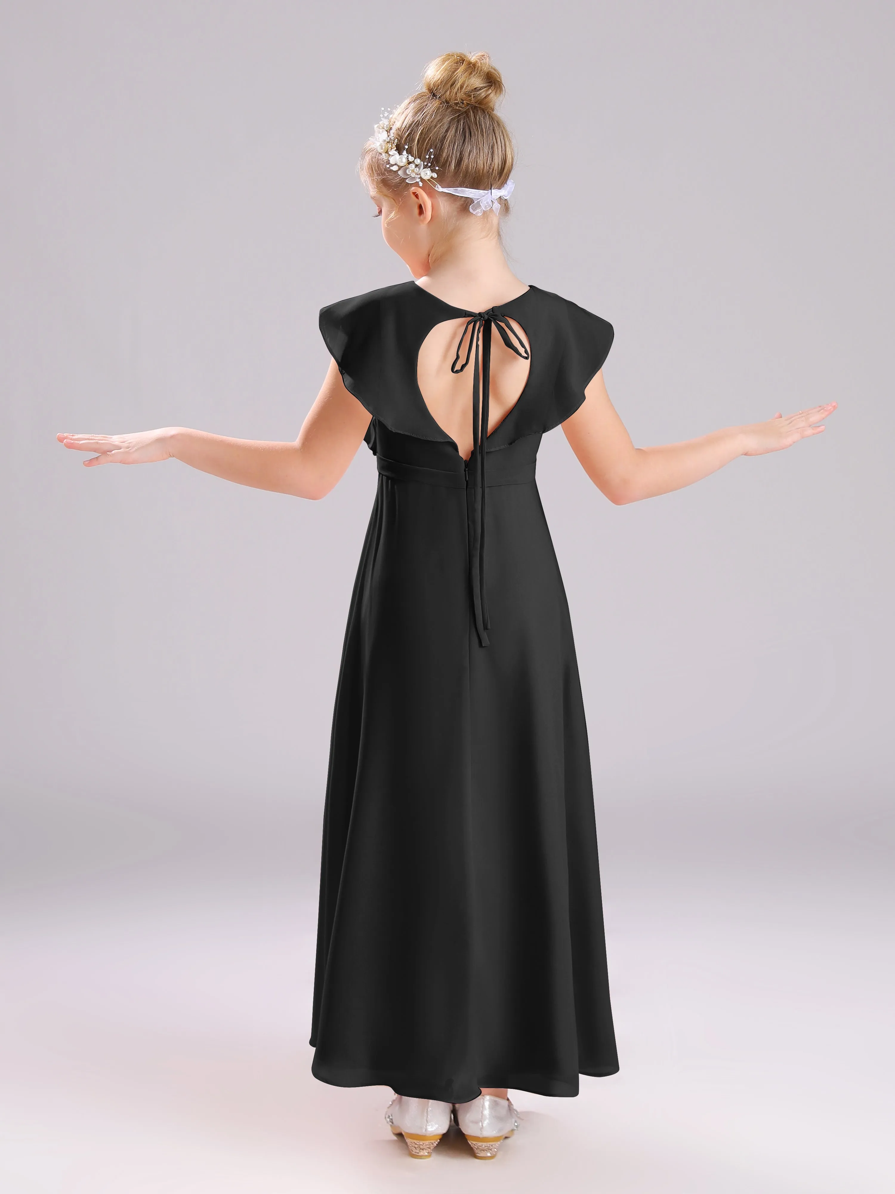 Cap Sleeves V-Neck Open Back Chiffon Junior Bridesmaid Dresses