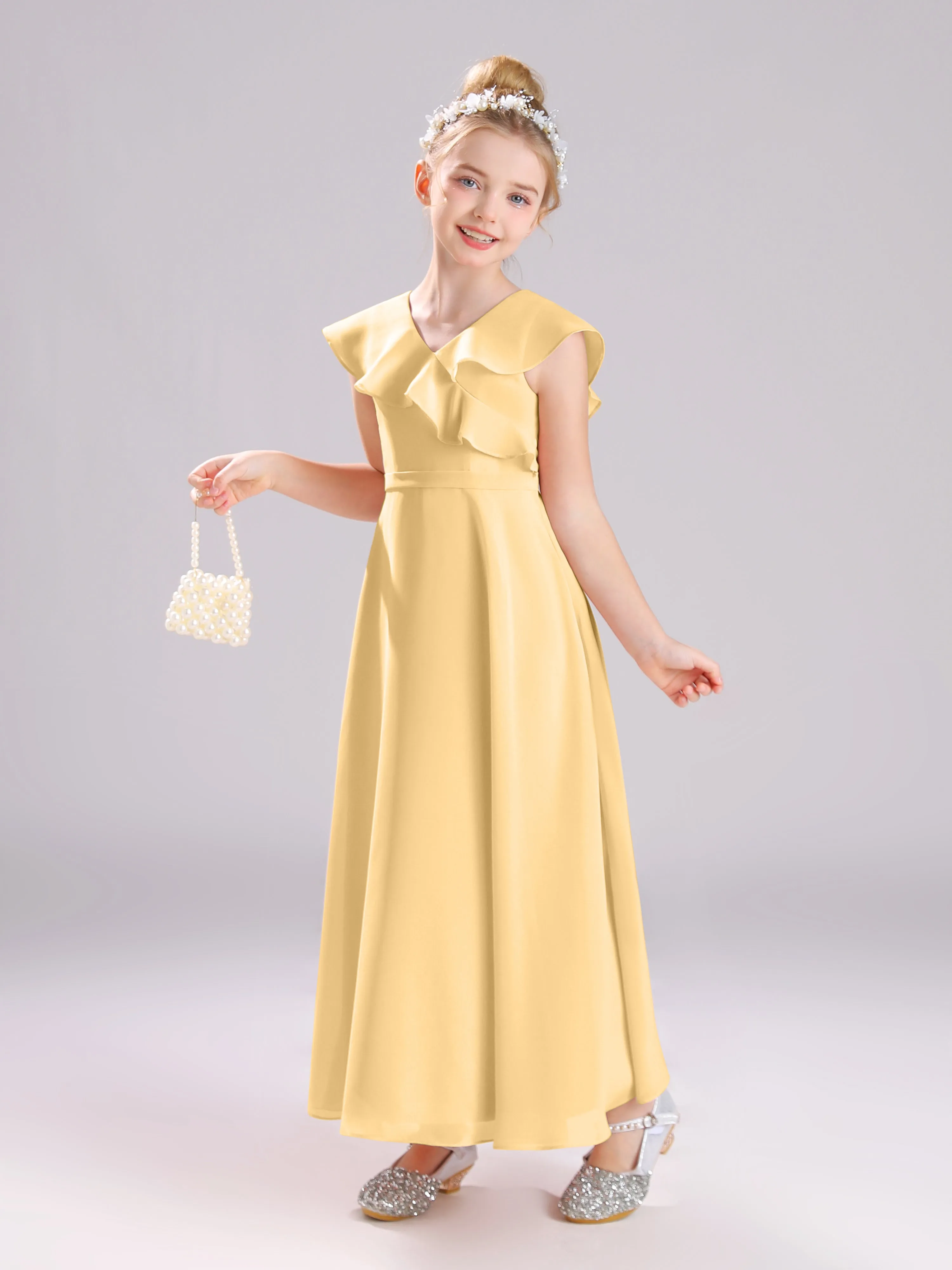 Cap Sleeves V-Neck Open Back Chiffon Junior Bridesmaid Dresses