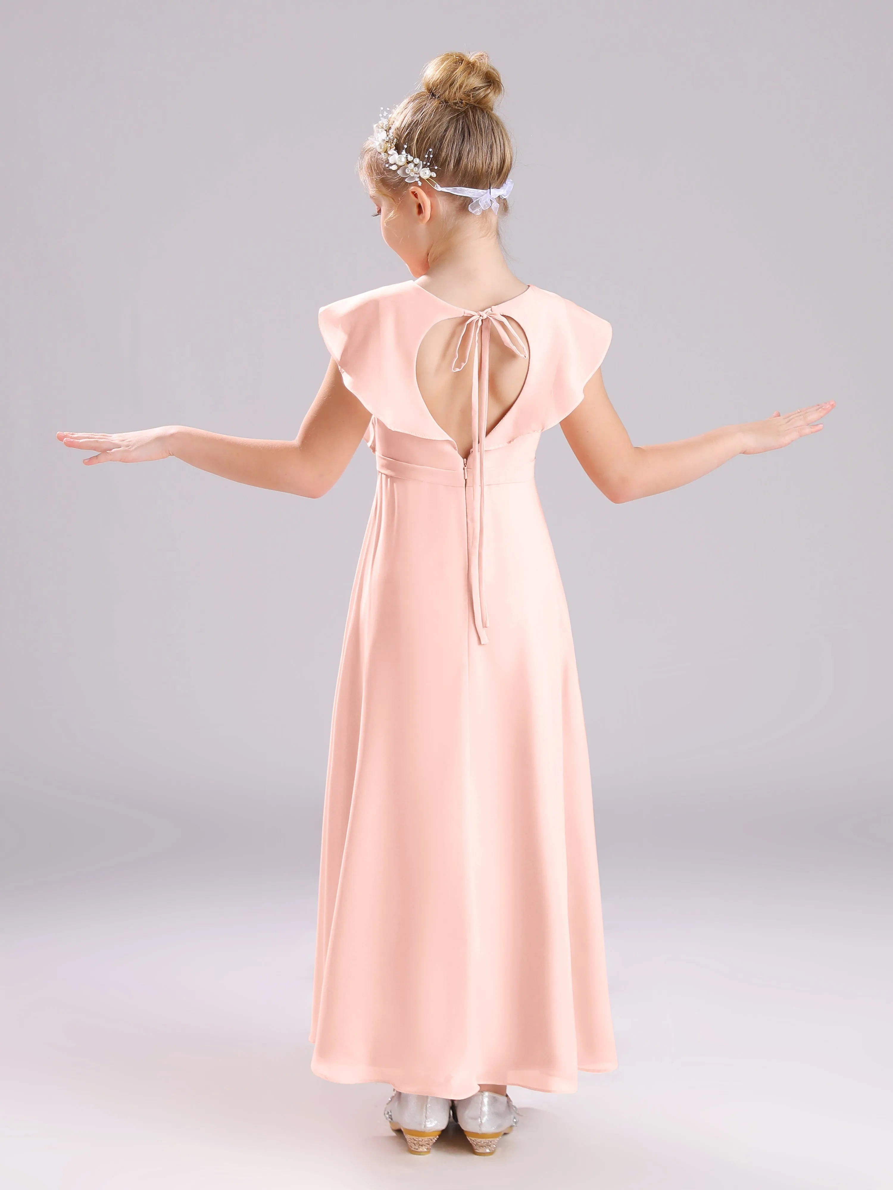 Cap Sleeves V-Neck Open Back Chiffon Junior Bridesmaid Dresses
