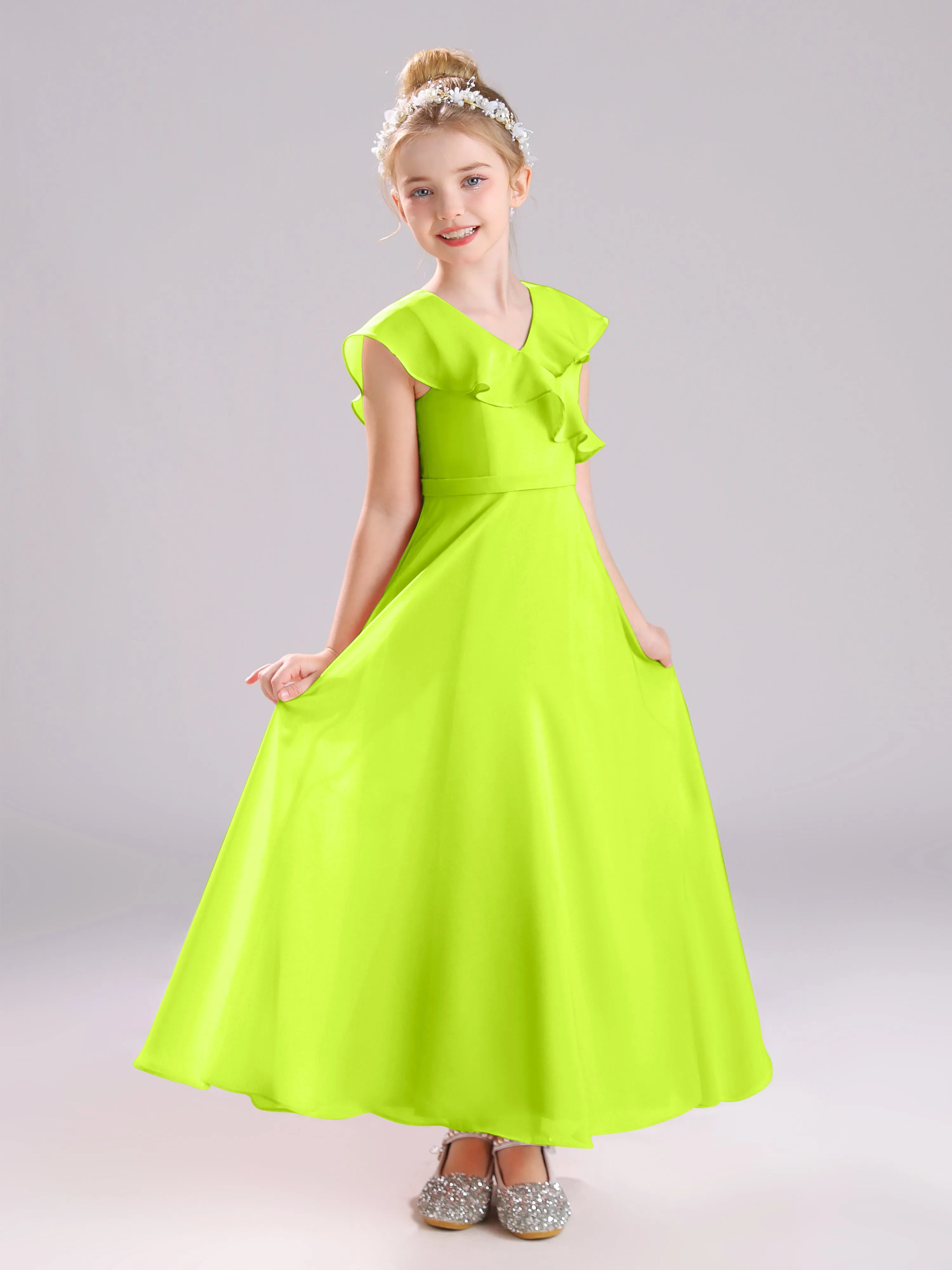 Cap Sleeves V-Neck Open Back Chiffon Junior Bridesmaid Dresses