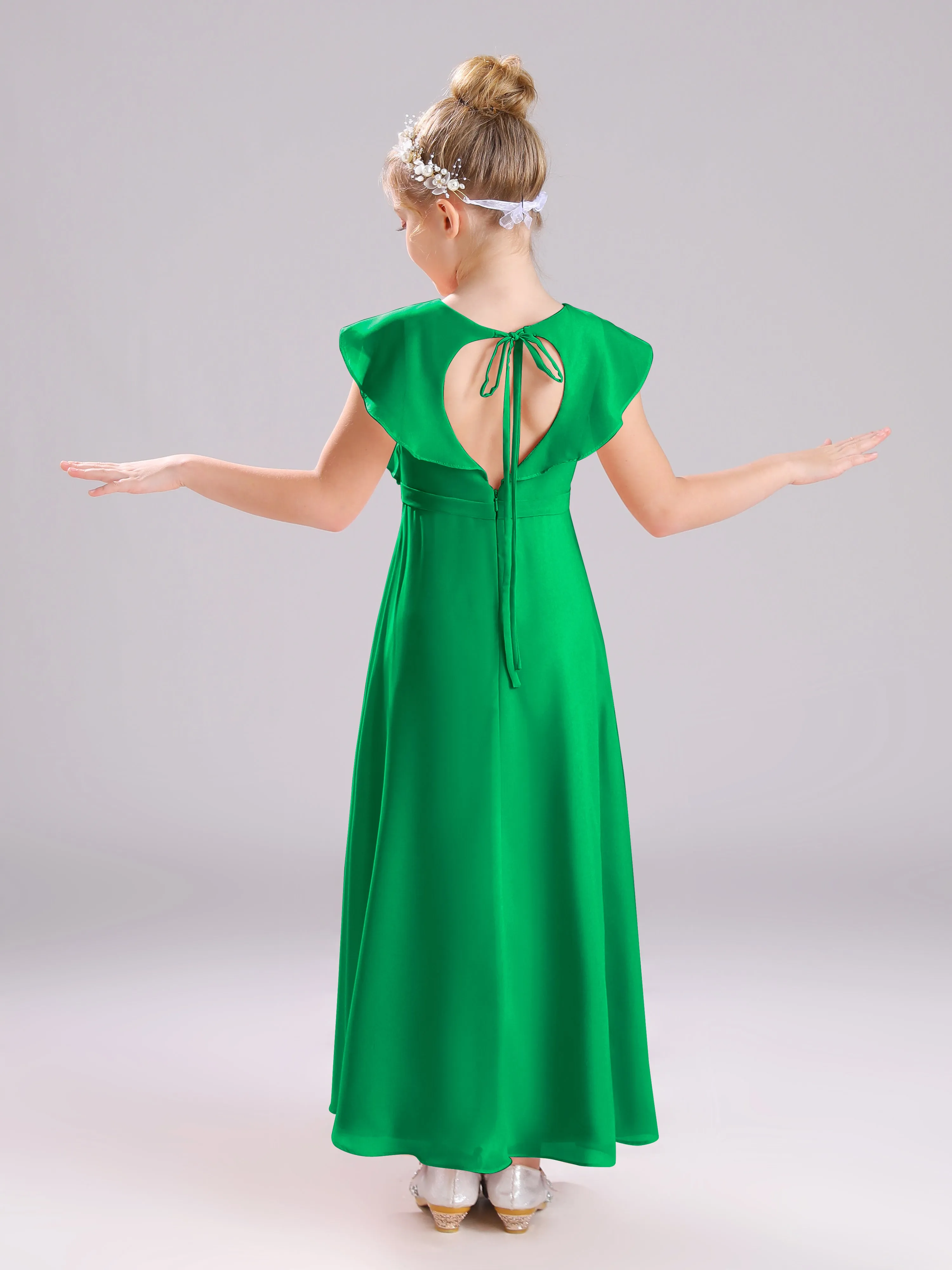 Cap Sleeves V-Neck Open Back Chiffon Junior Bridesmaid Dresses