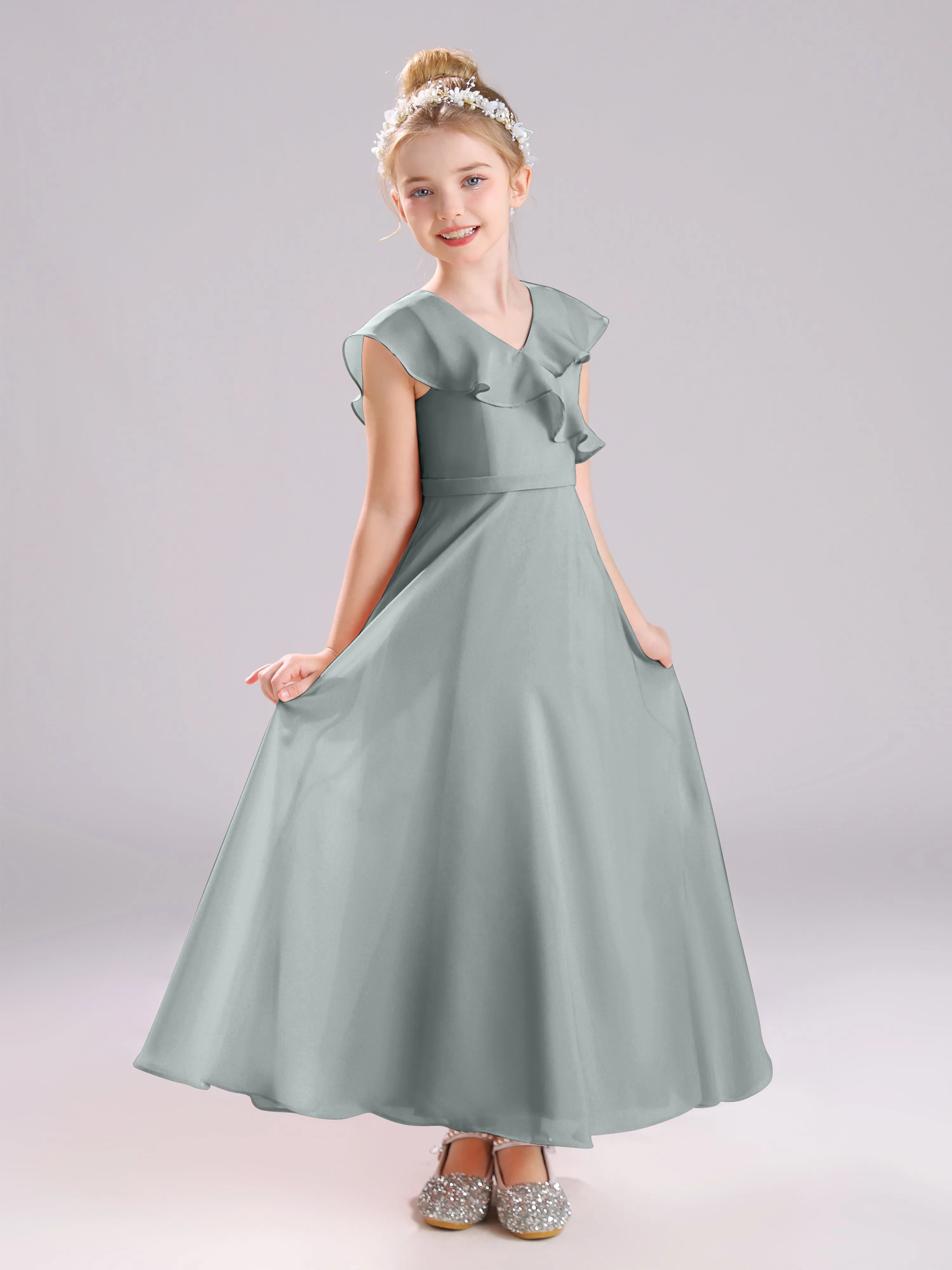 Cap Sleeves V-Neck Open Back Chiffon Junior Bridesmaid Dresses