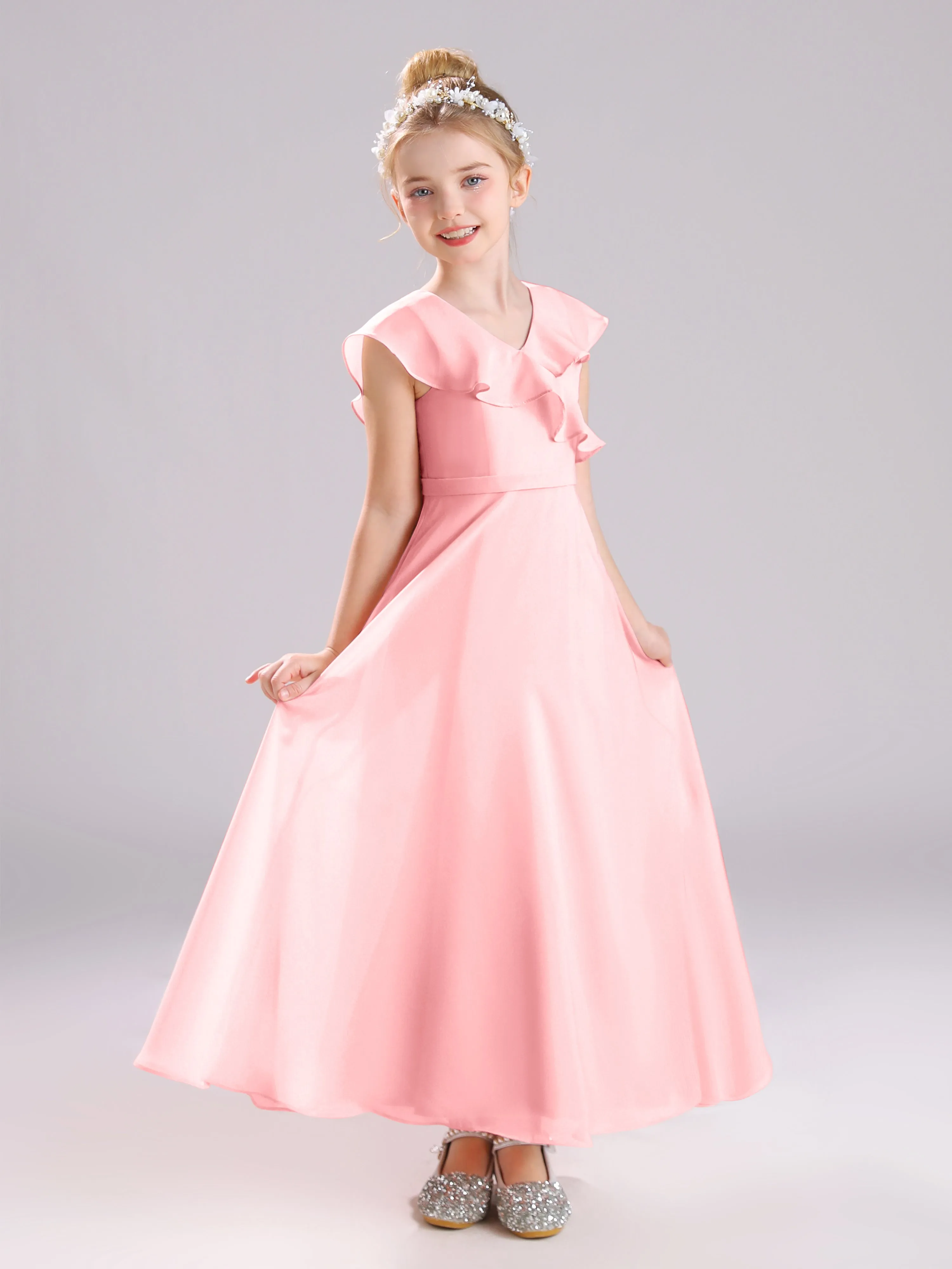 Cap Sleeves V-Neck Open Back Chiffon Junior Bridesmaid Dresses
