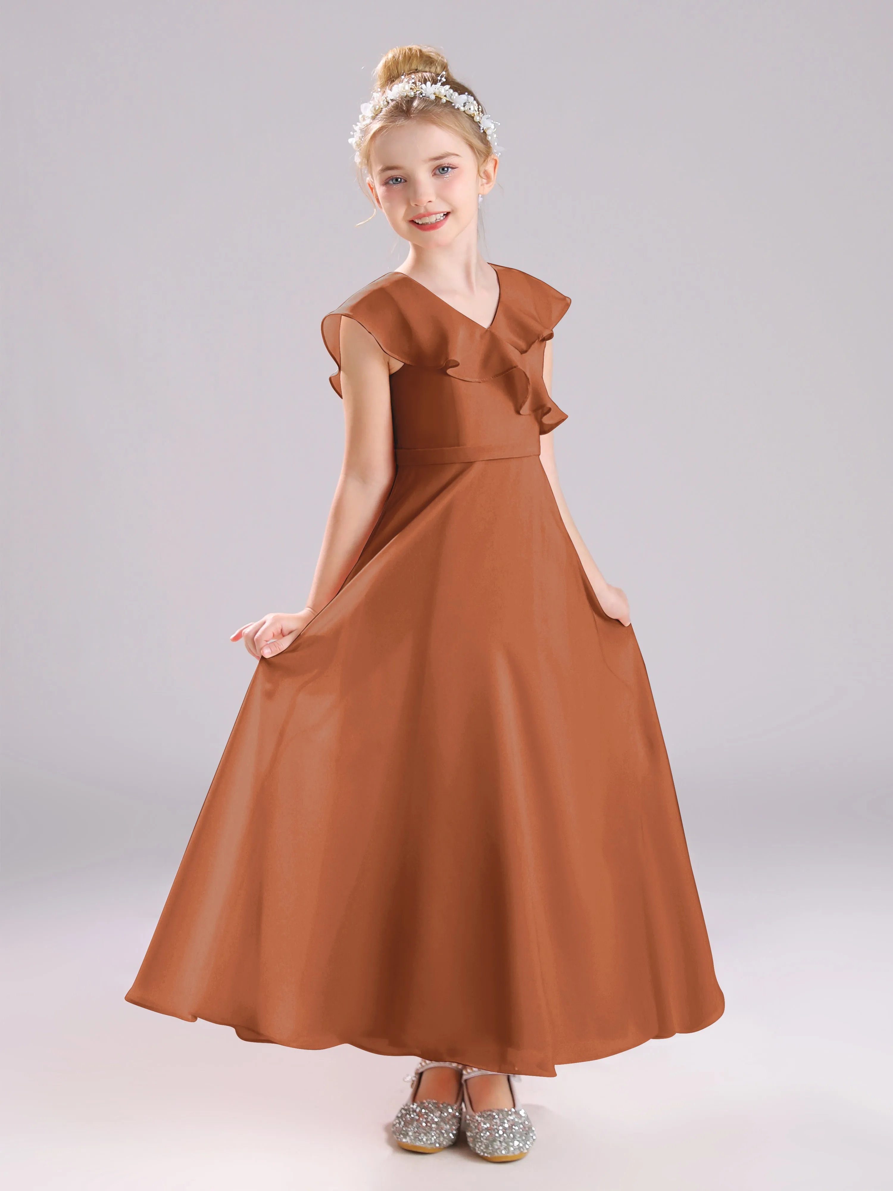Cap Sleeves V-Neck Open Back Chiffon Junior Bridesmaid Dresses