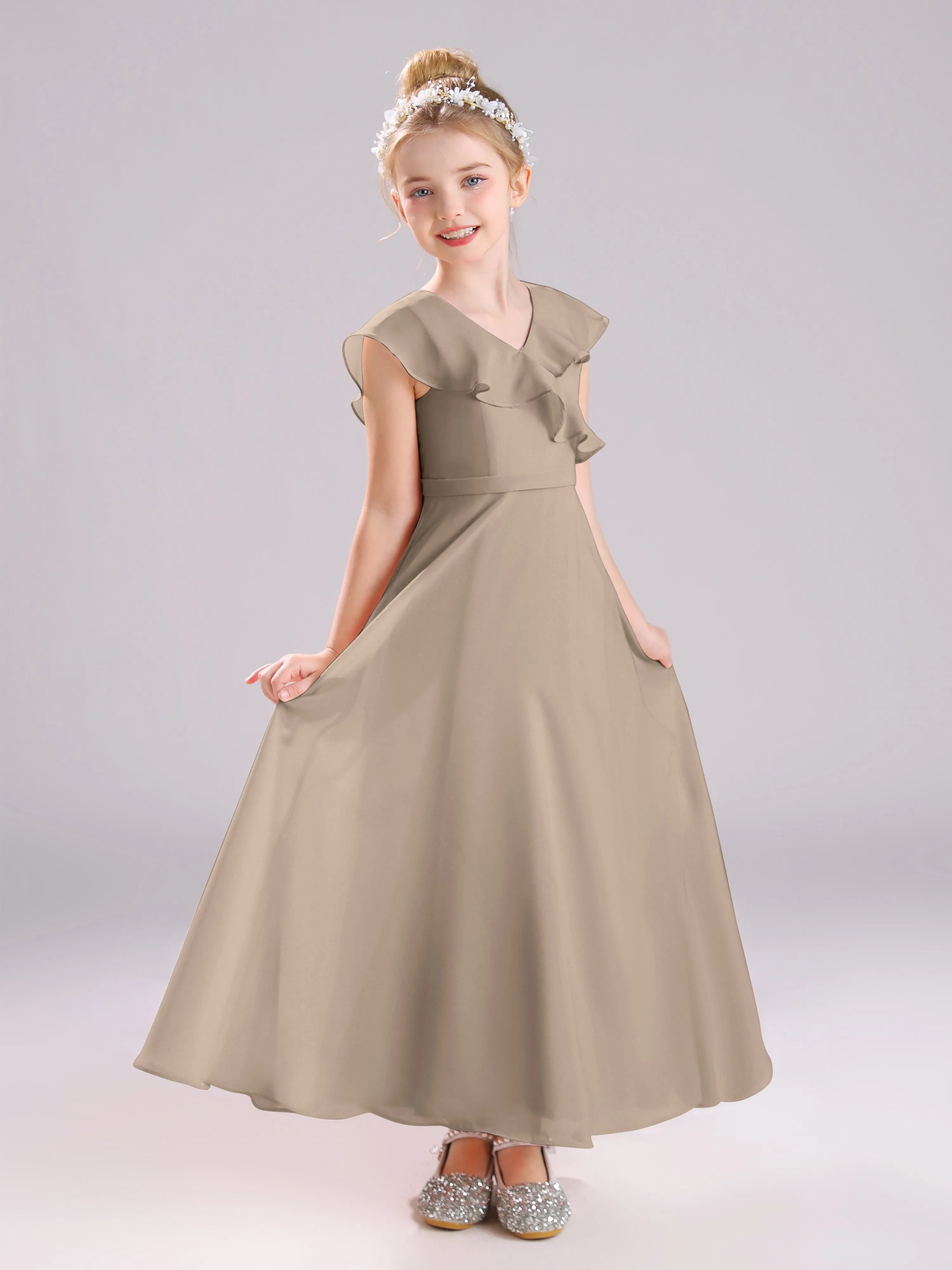 Cap Sleeves V-Neck Open Back Chiffon Junior Bridesmaid Dresses