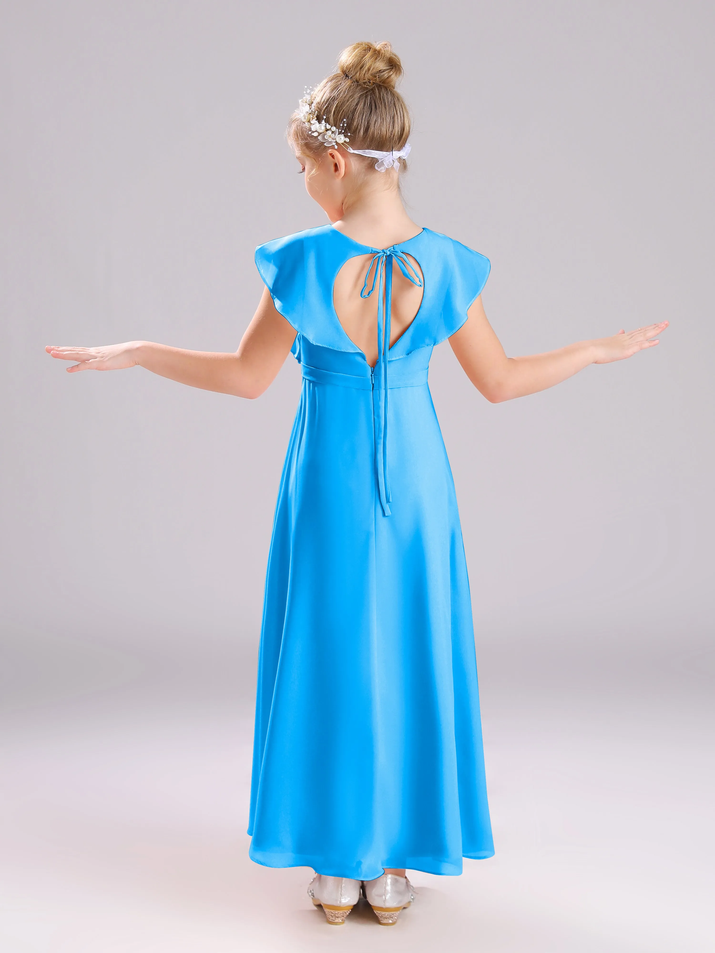 Cap Sleeves V-Neck Open Back Chiffon Junior Bridesmaid Dresses