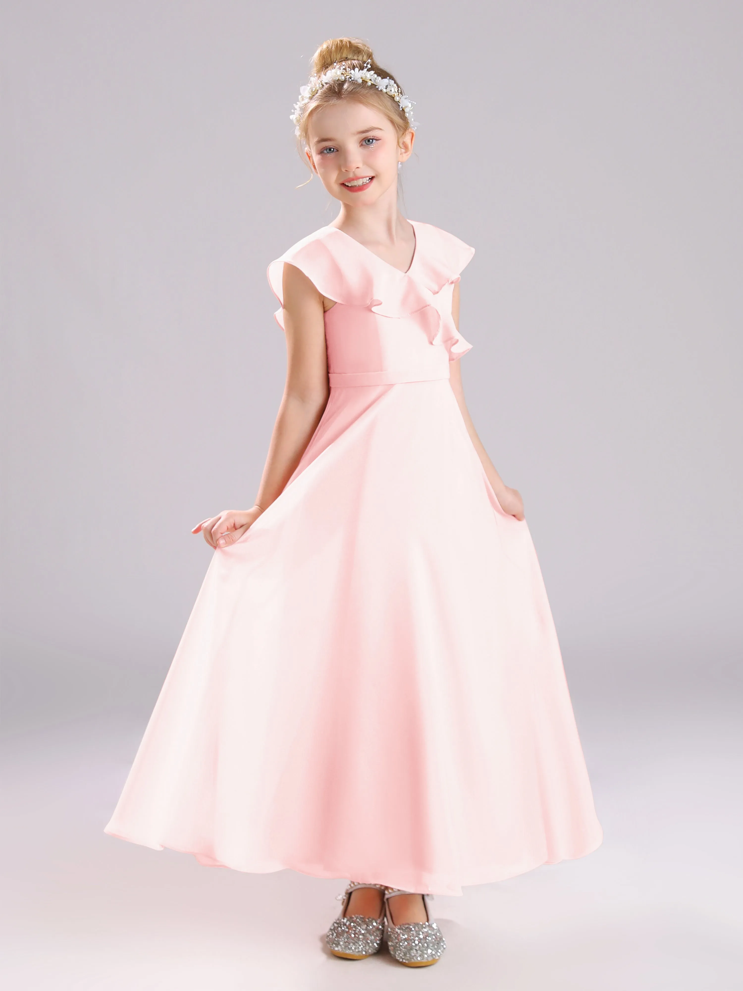 Cap Sleeves V-Neck Open Back Chiffon Junior Bridesmaid Dresses