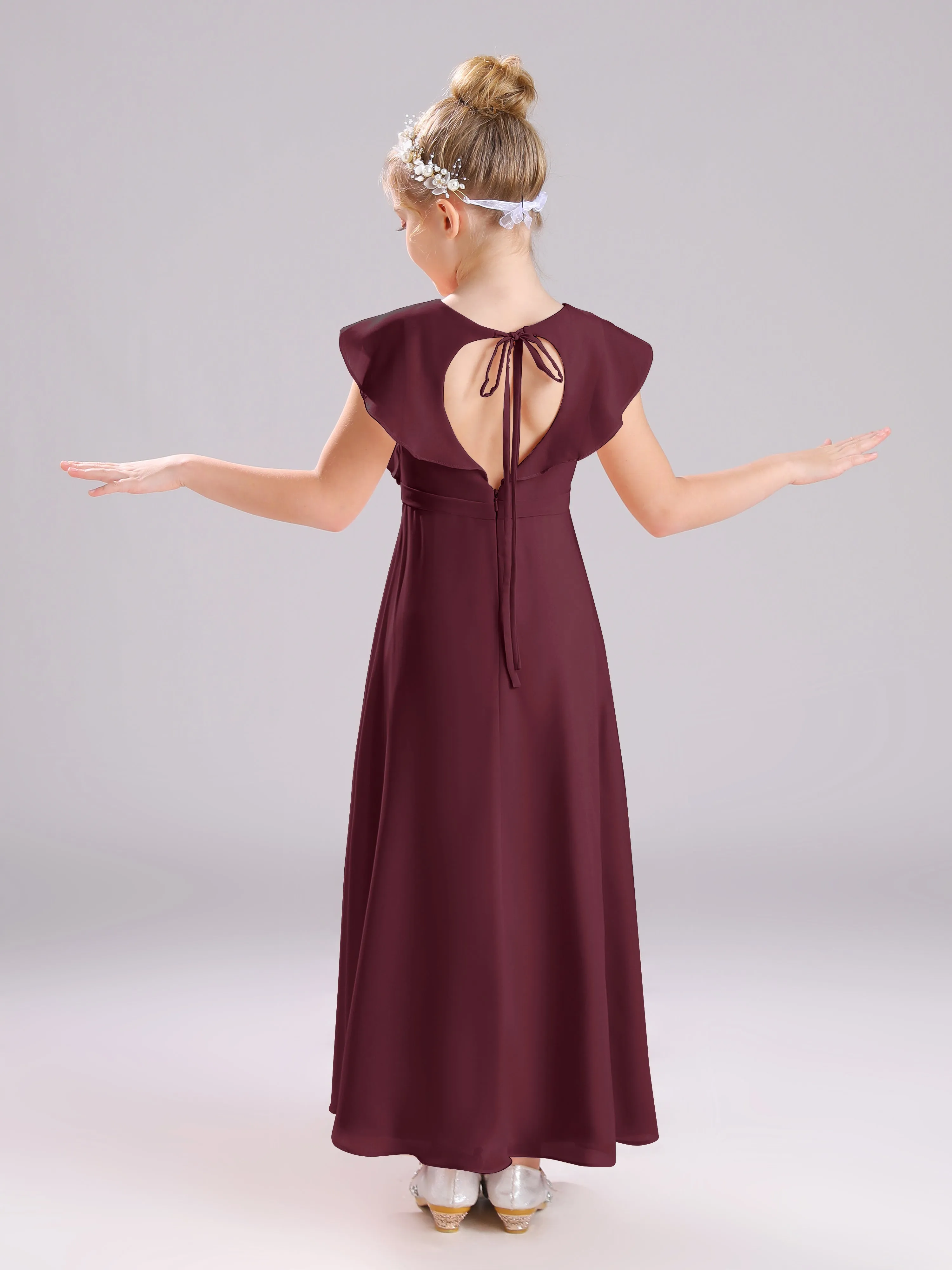 Cap Sleeves V-Neck Open Back Chiffon Junior Bridesmaid Dresses