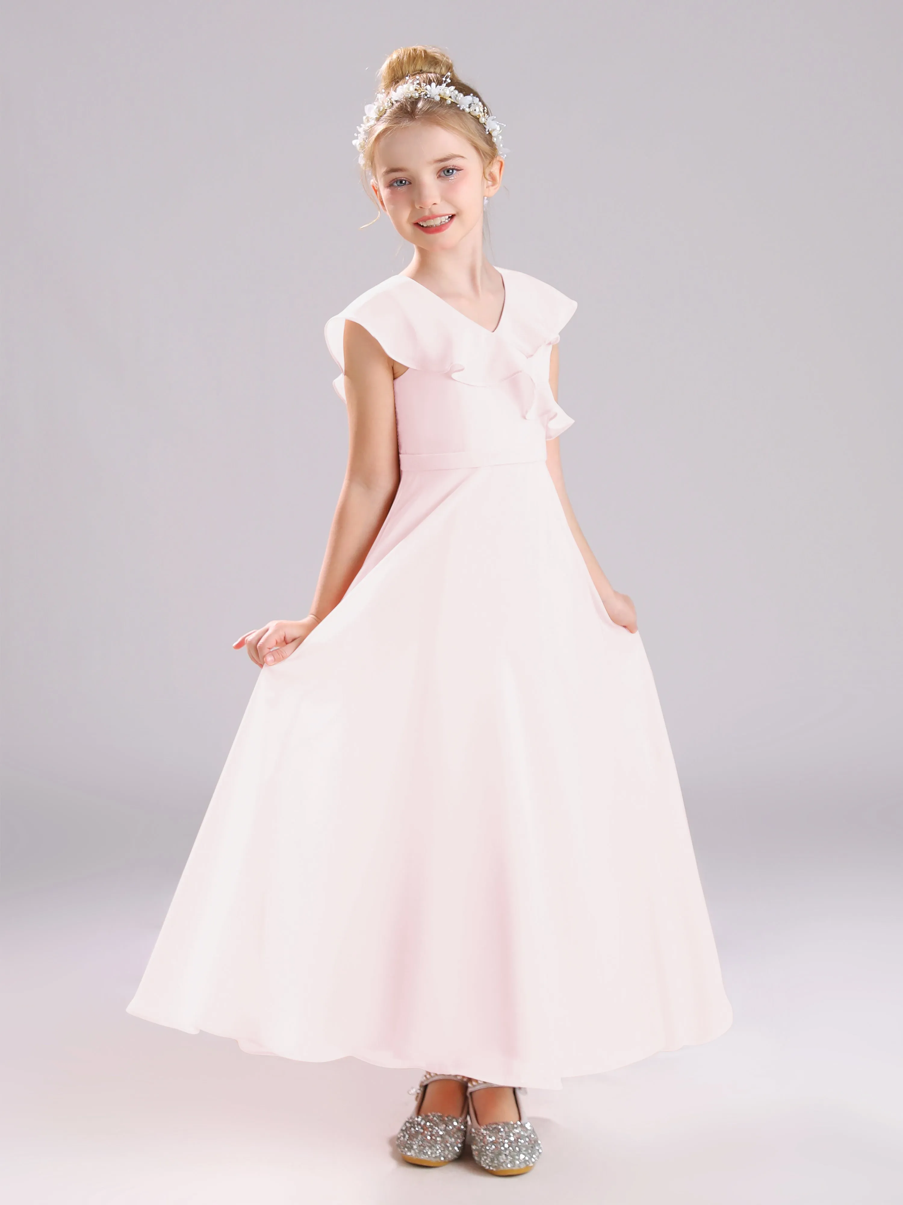 Cap Sleeves V-Neck Open Back Chiffon Junior Bridesmaid Dresses