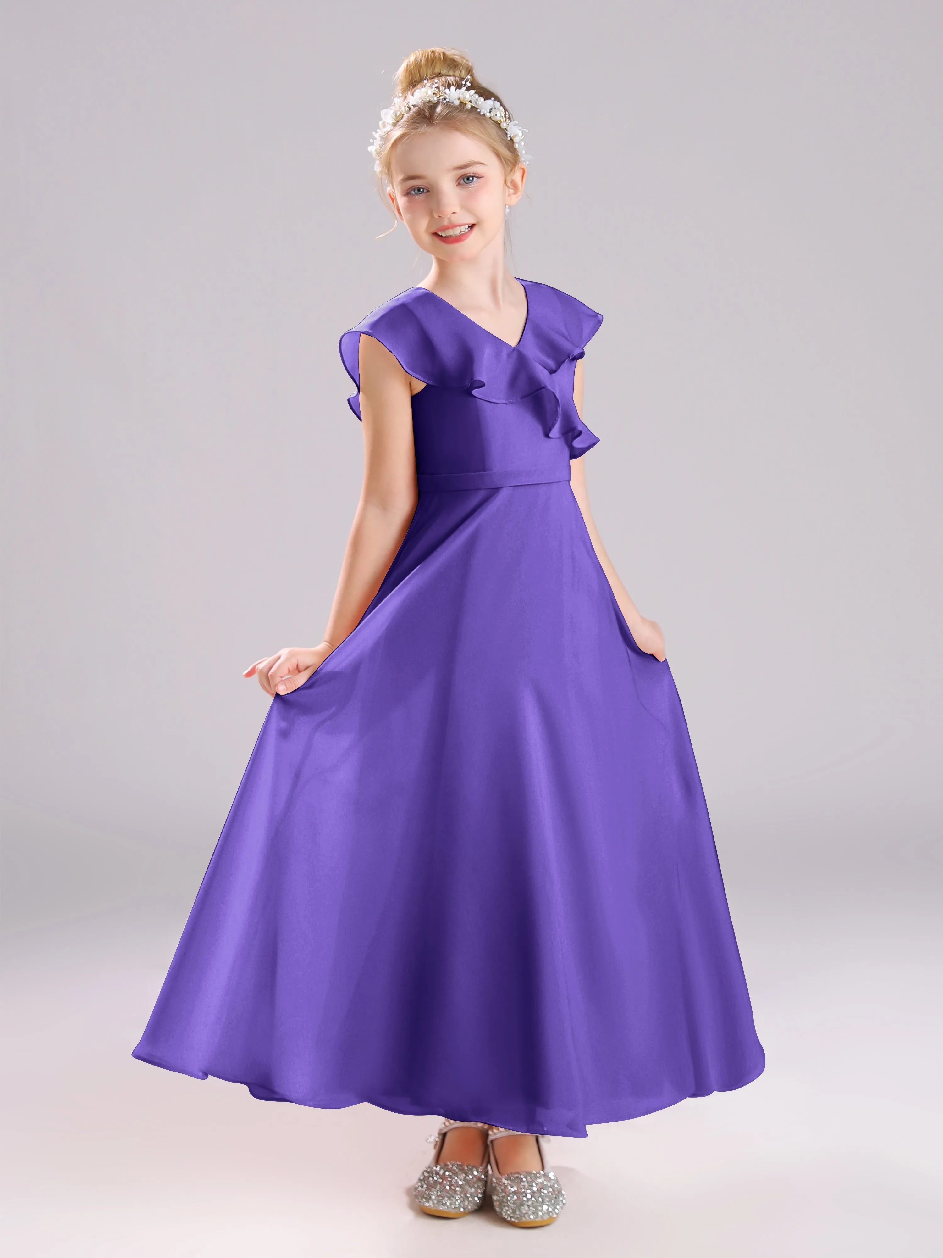 Cap Sleeves V-Neck Open Back Chiffon Junior Bridesmaid Dresses
