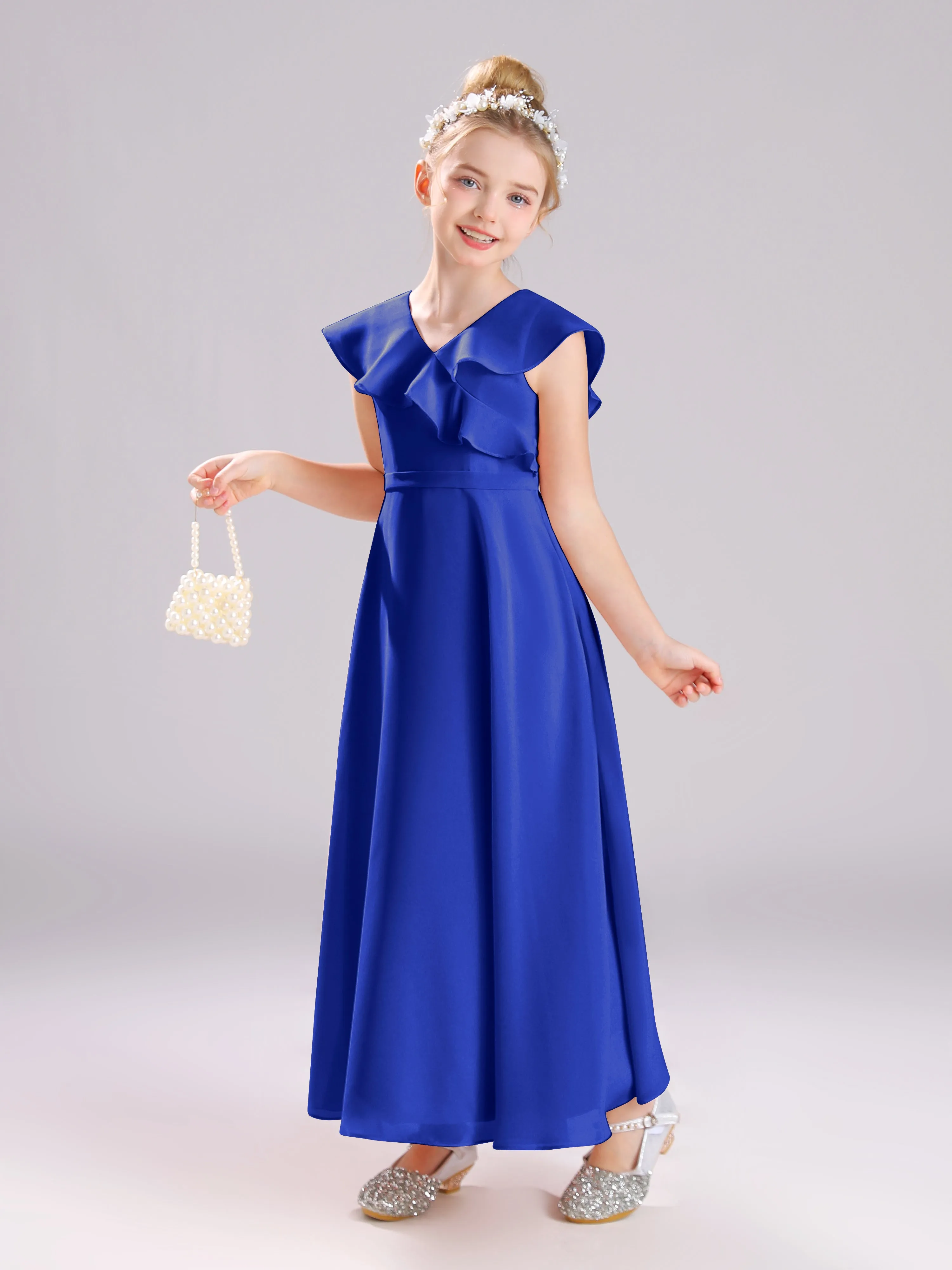 Cap Sleeves V-Neck Open Back Chiffon Junior Bridesmaid Dresses