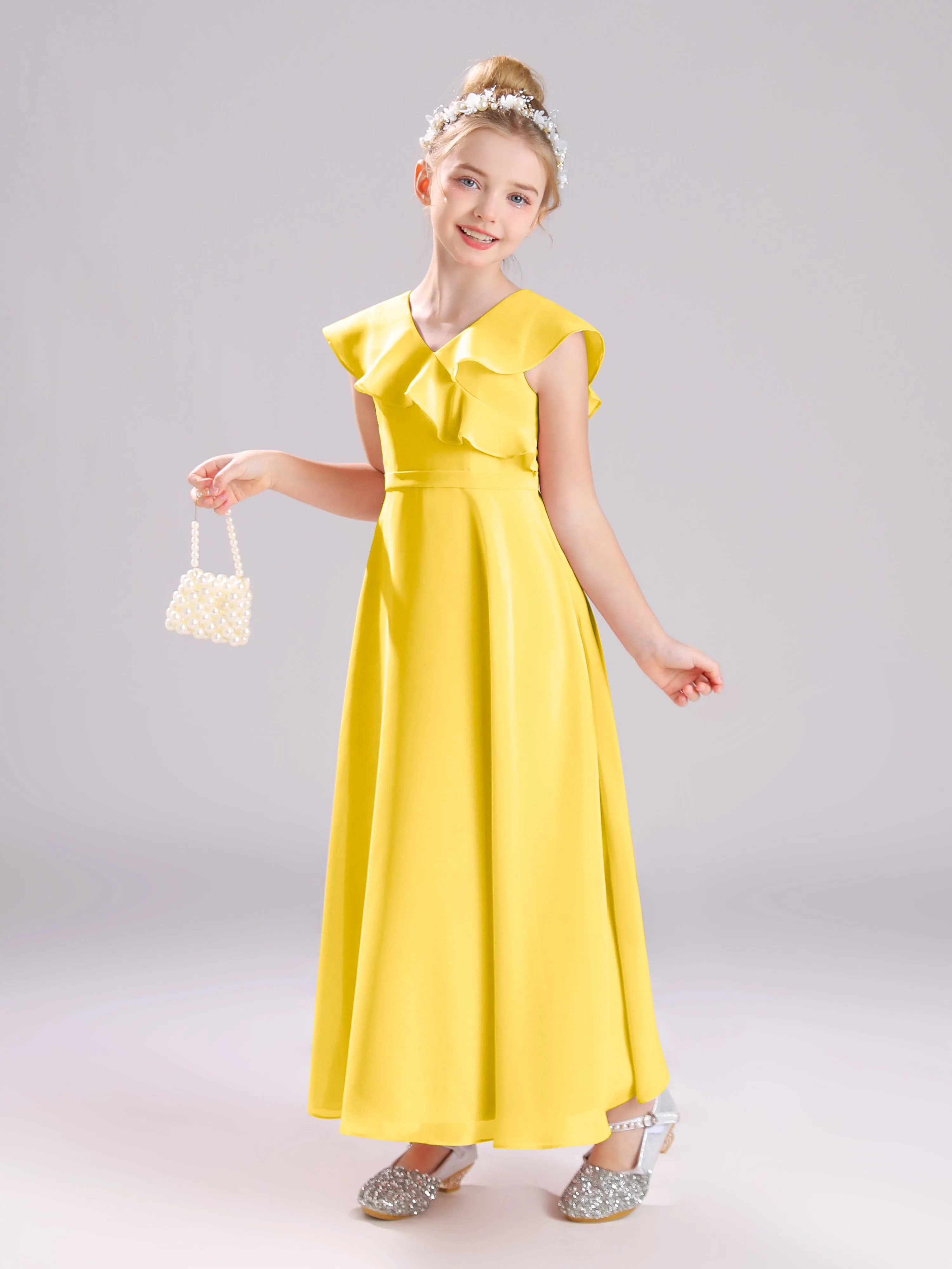 Cap Sleeves V-Neck Open Back Chiffon Junior Bridesmaid Dresses