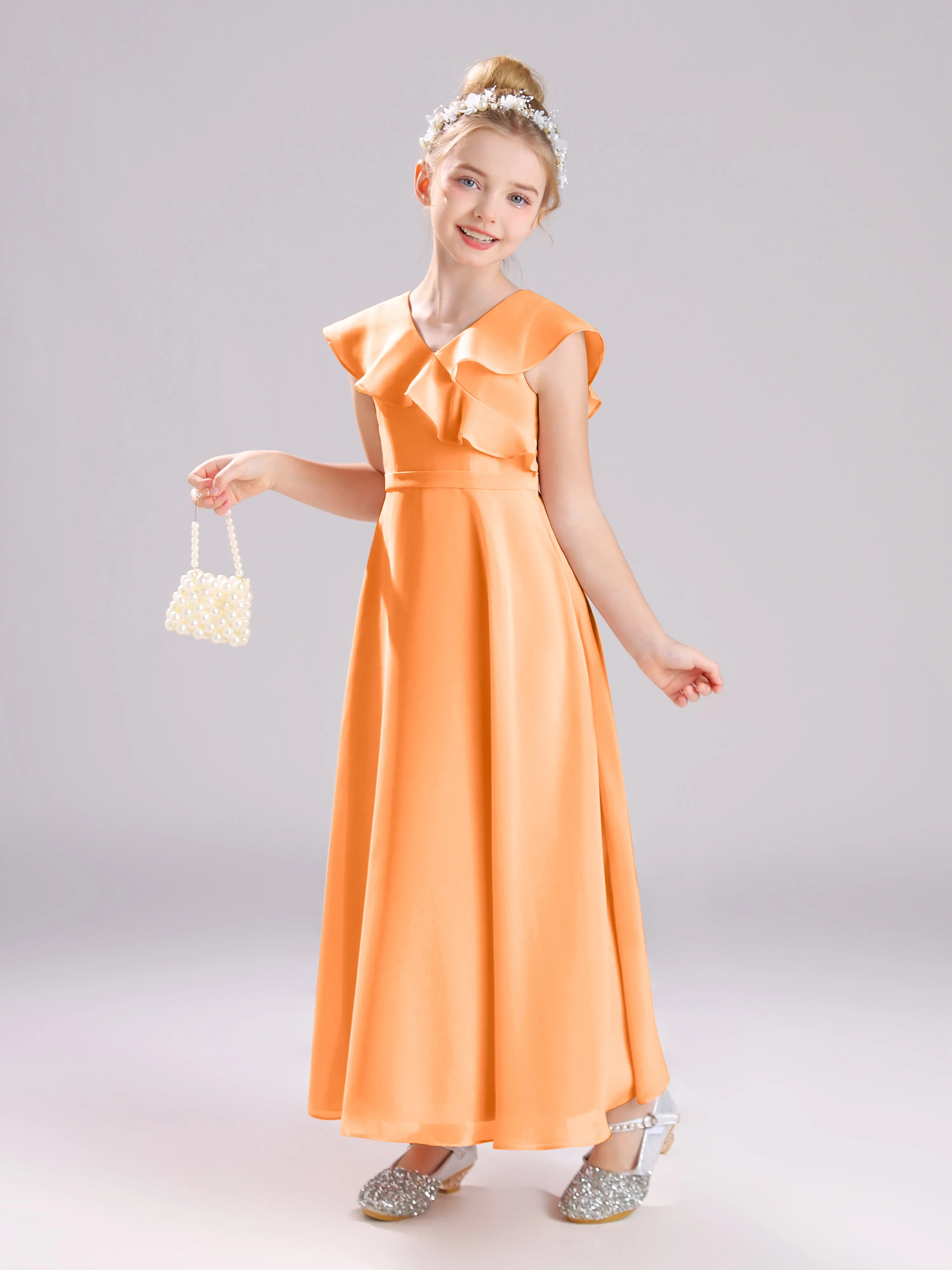Cap Sleeves V-Neck Open Back Chiffon Junior Bridesmaid Dresses