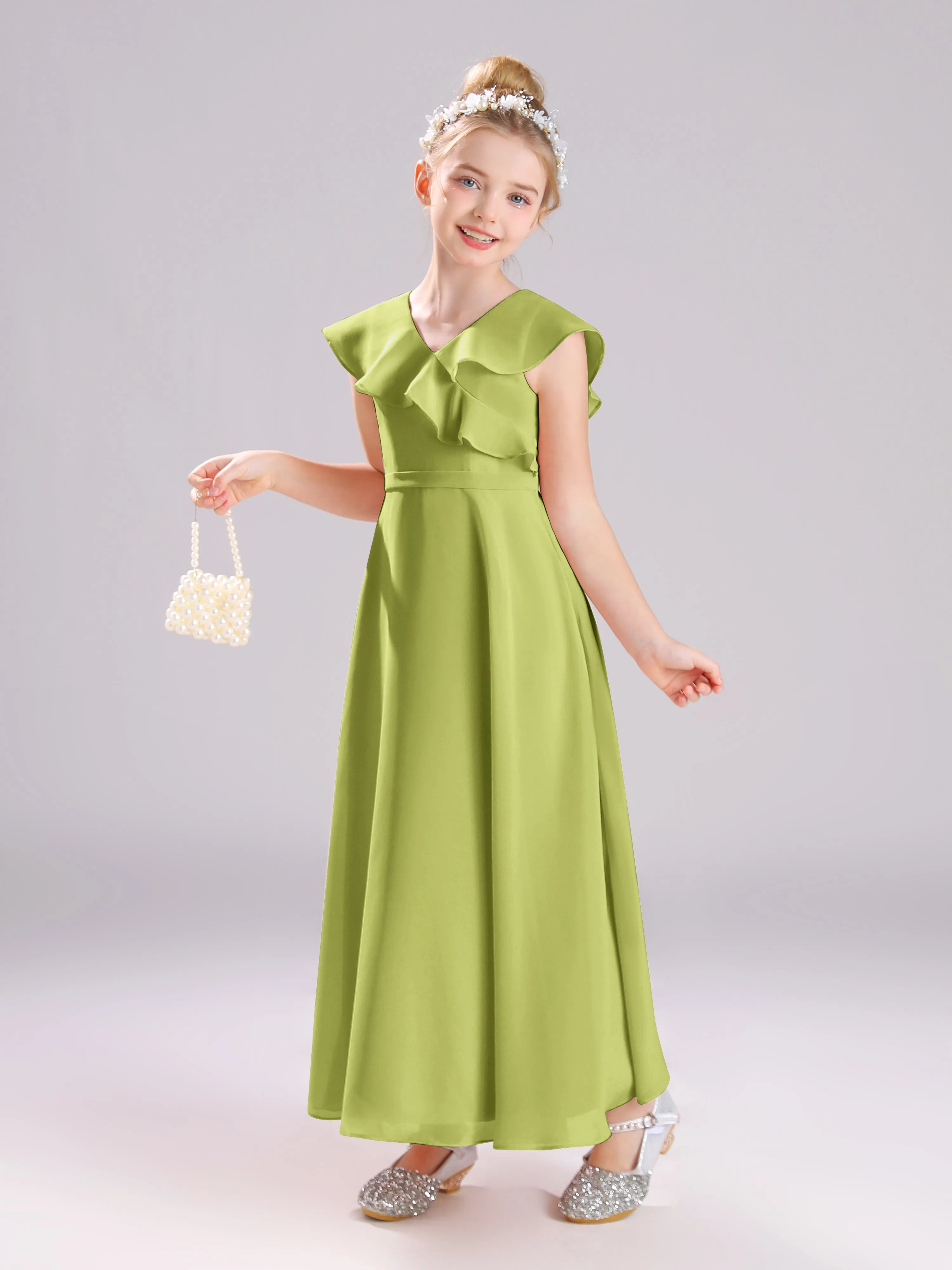 Cap Sleeves V-Neck Open Back Chiffon Junior Bridesmaid Dresses