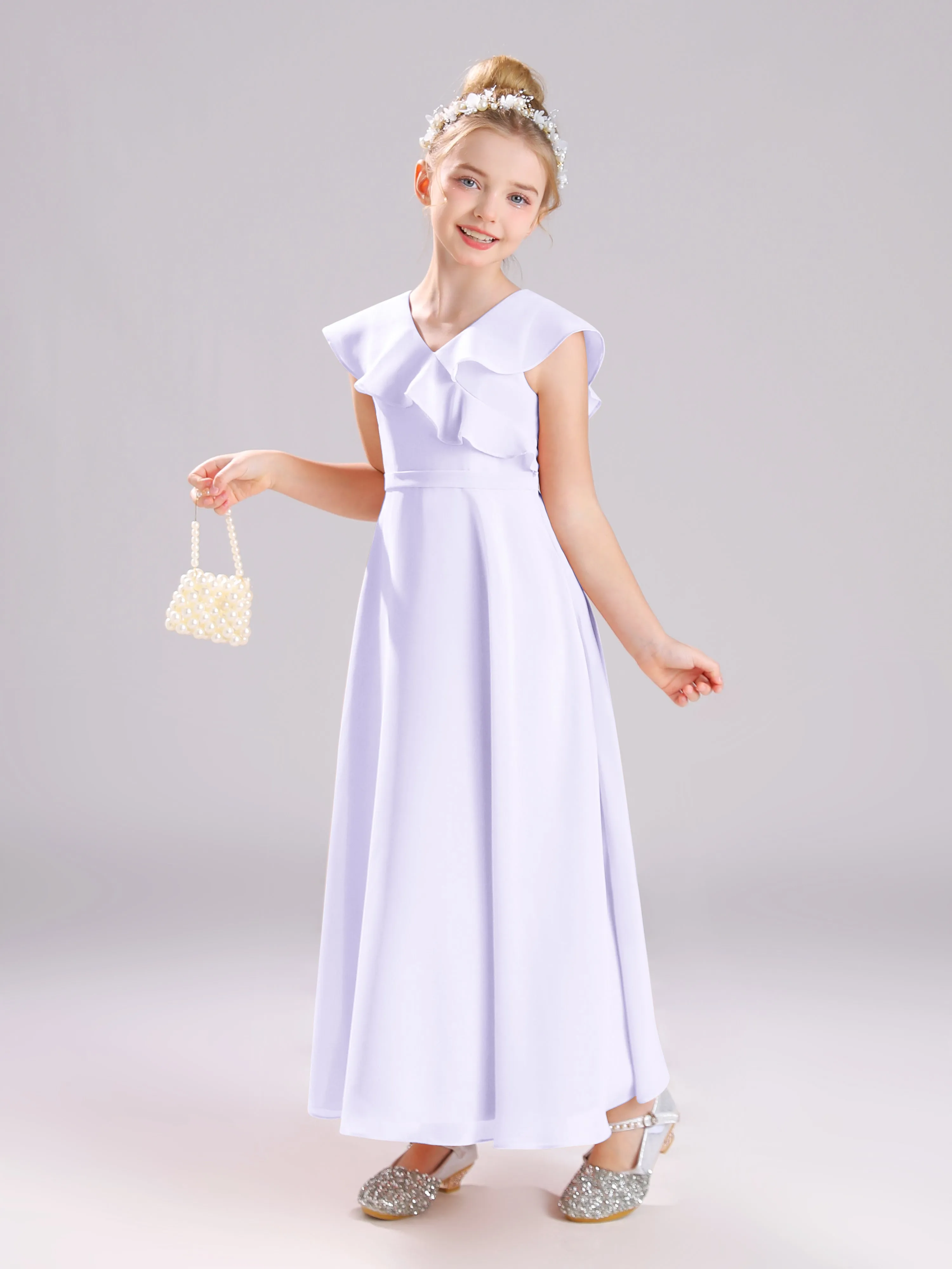 Cap Sleeves V-Neck Open Back Chiffon Junior Bridesmaid Dresses