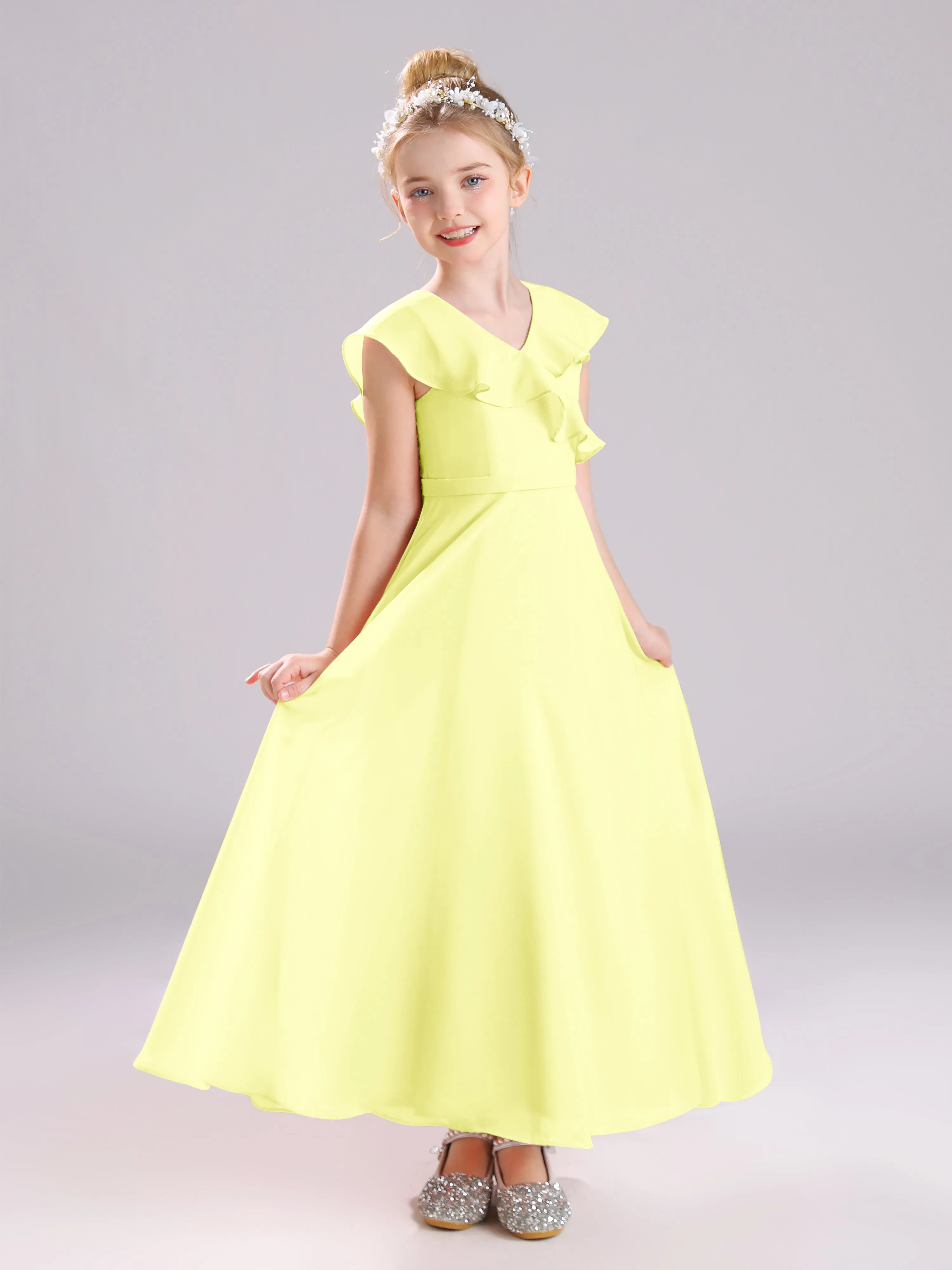 Cap Sleeves V-Neck Open Back Chiffon Junior Bridesmaid Dresses