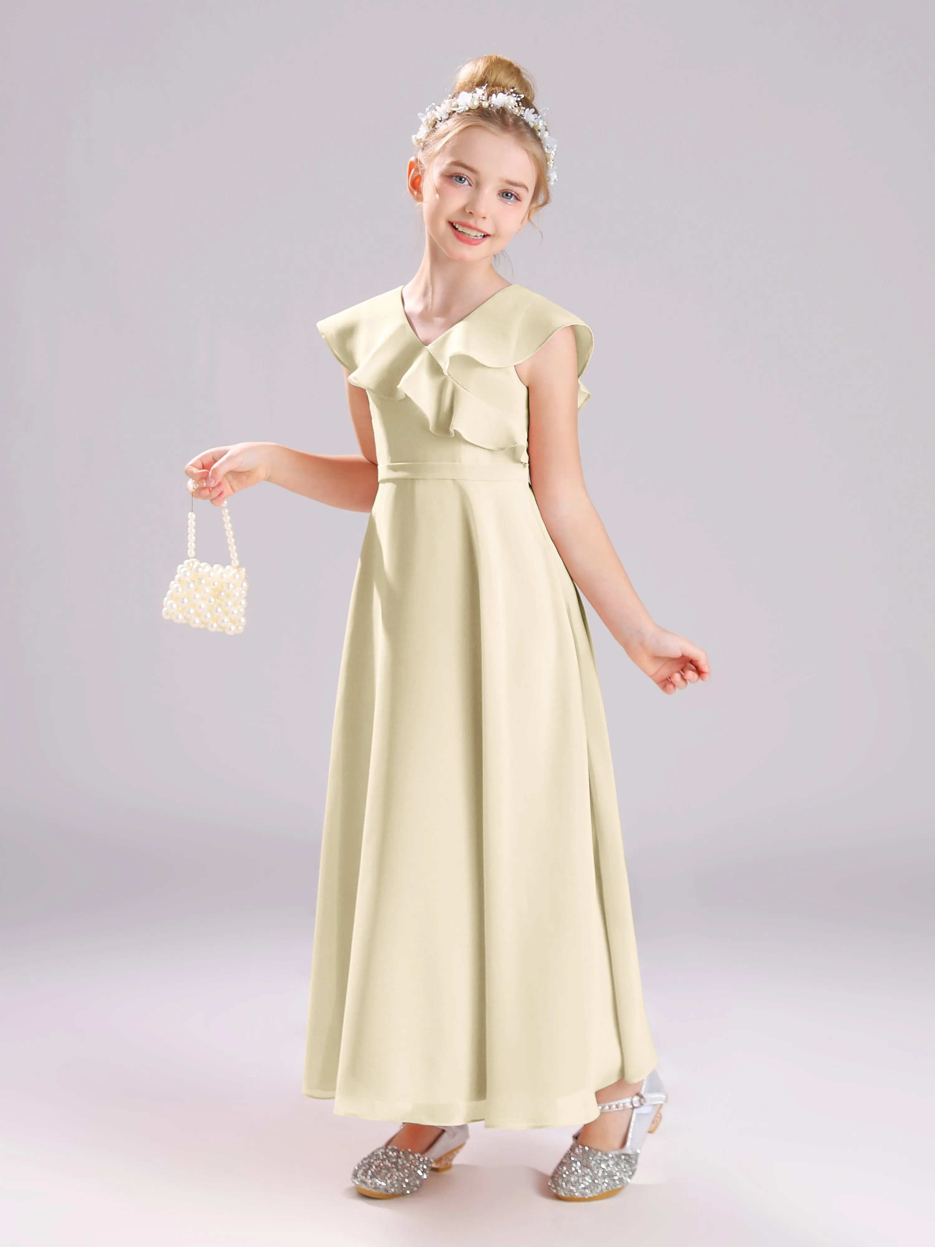 Cap Sleeves V-Neck Open Back Chiffon Junior Bridesmaid Dresses