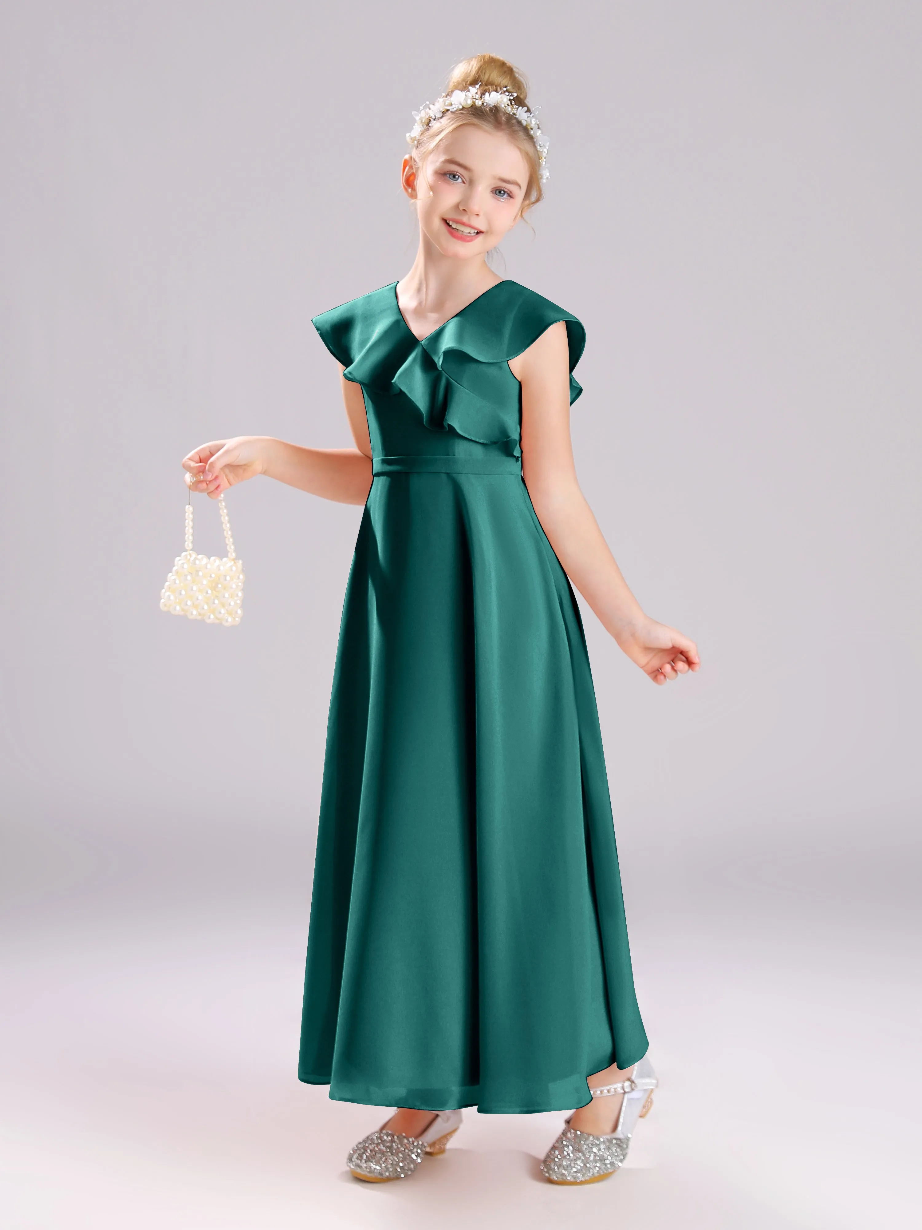 Cap Sleeves V-Neck Open Back Chiffon Junior Bridesmaid Dresses