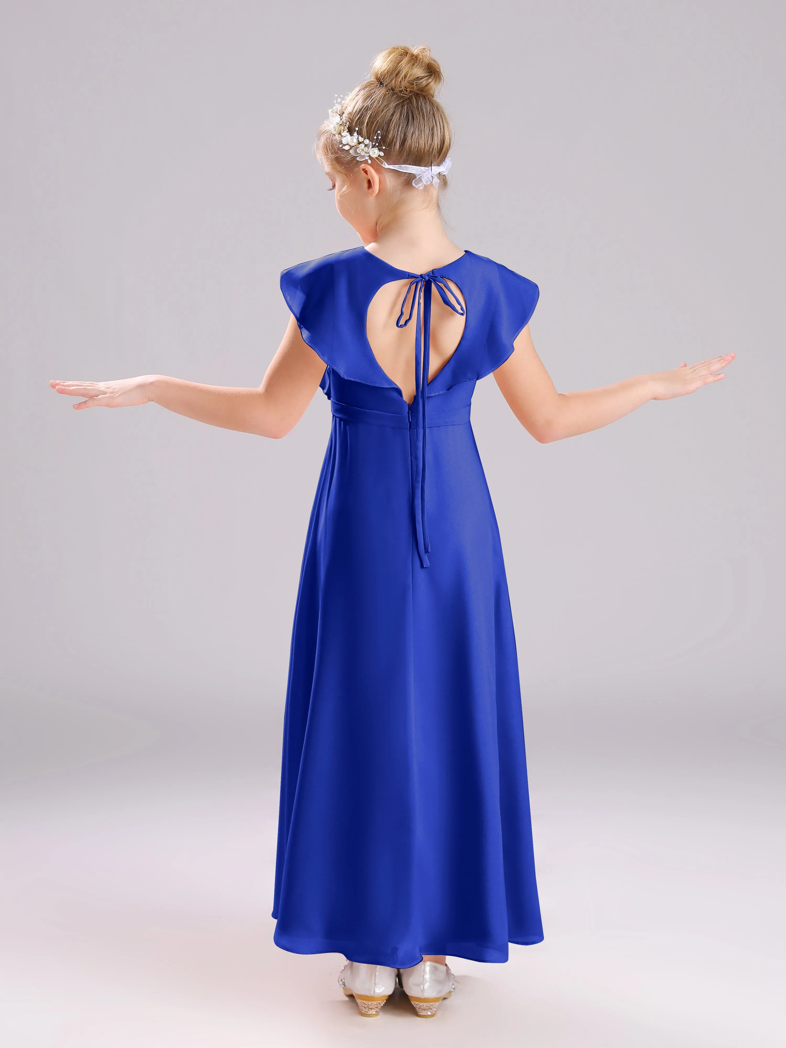 Cap Sleeves V-Neck Open Back Chiffon Junior Bridesmaid Dresses