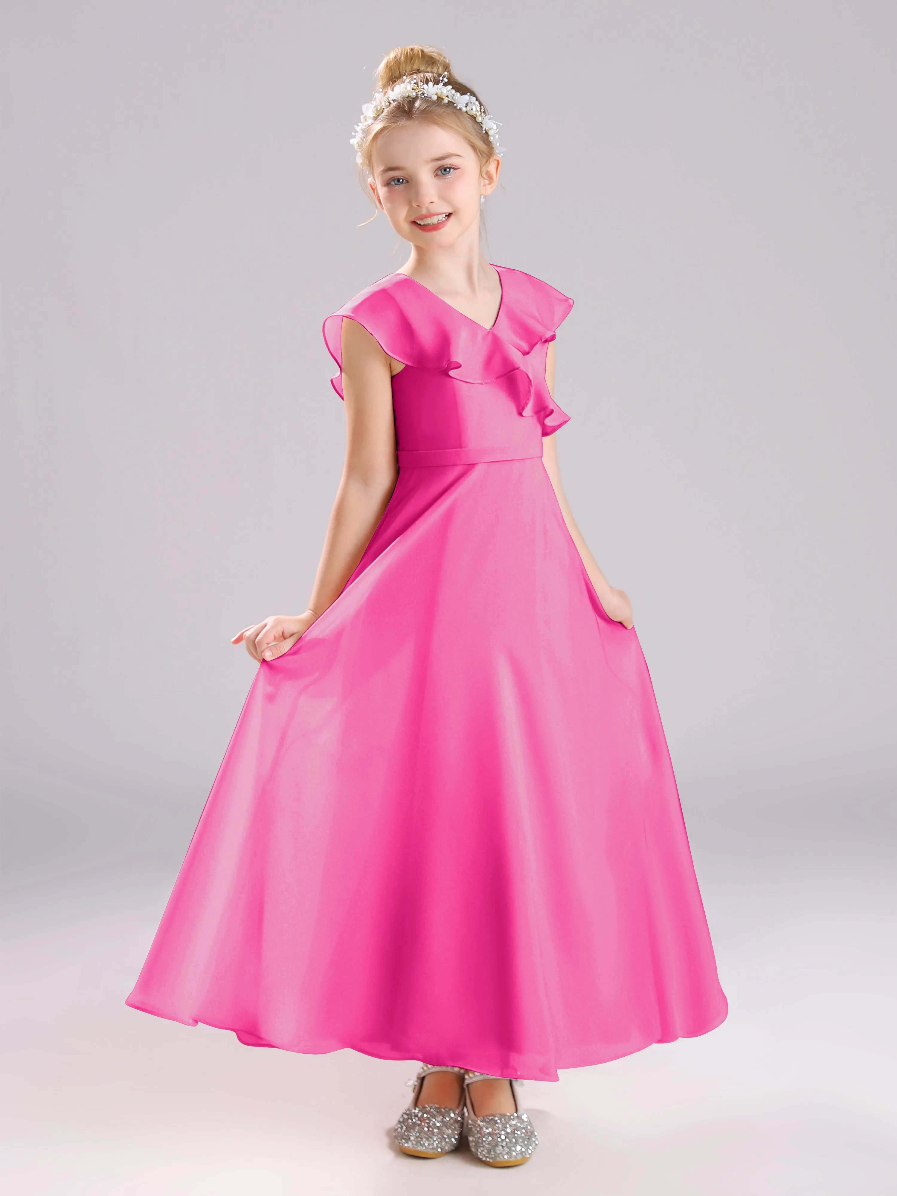 Cap Sleeves V-Neck Open Back Chiffon Junior Bridesmaid Dresses