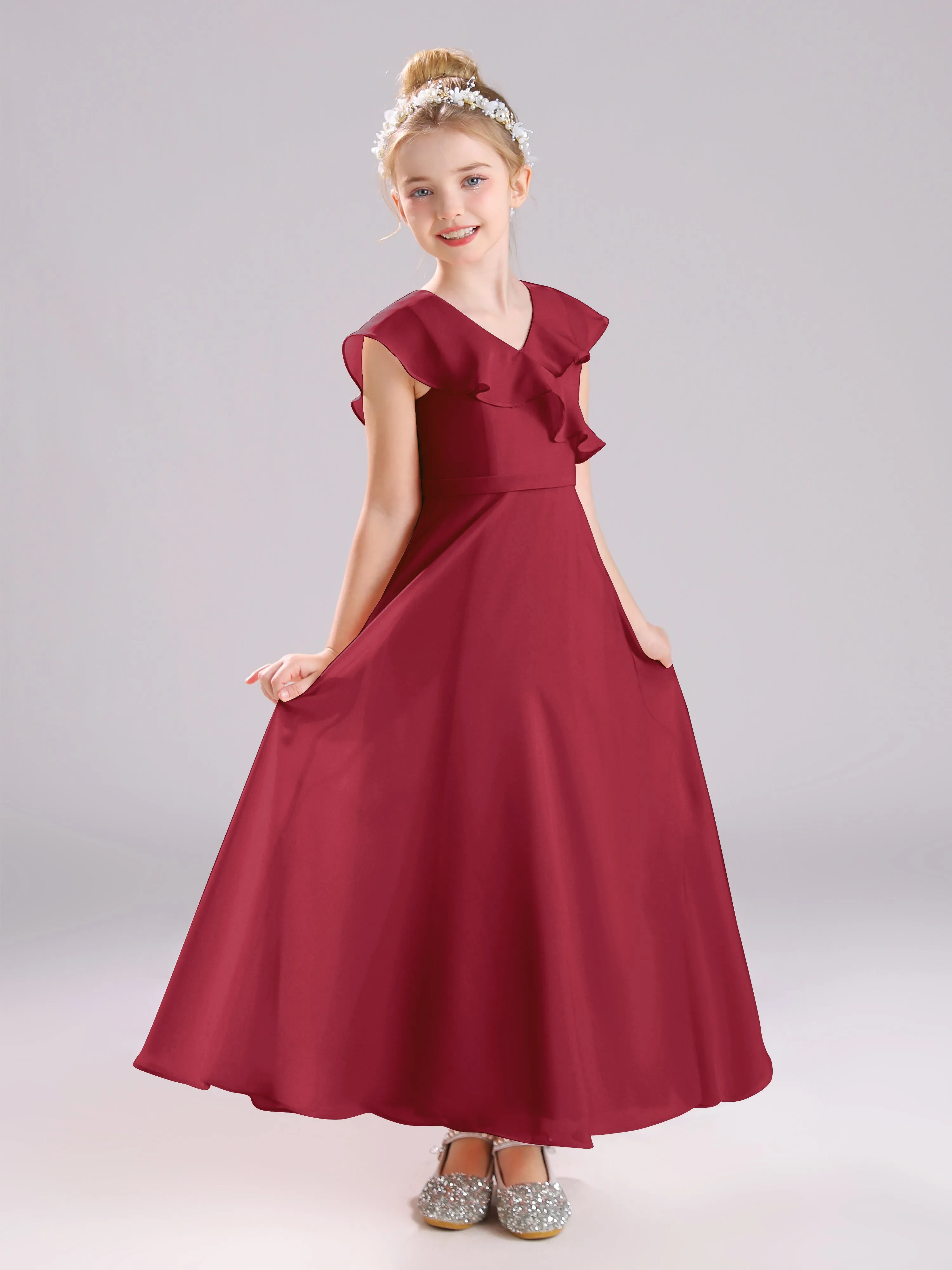 Cap Sleeves V-Neck Open Back Chiffon Junior Bridesmaid Dresses