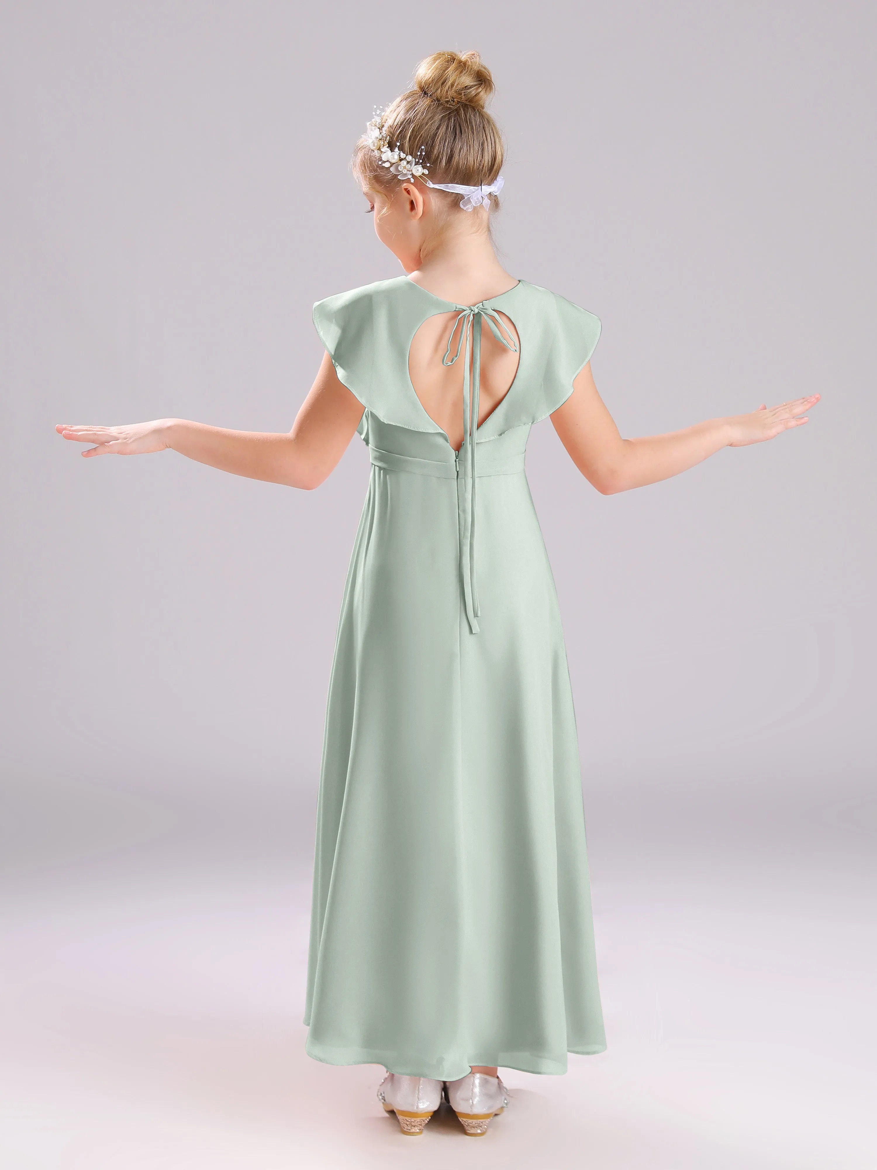 Cap Sleeves V-Neck Open Back Chiffon Junior Bridesmaid Dresses