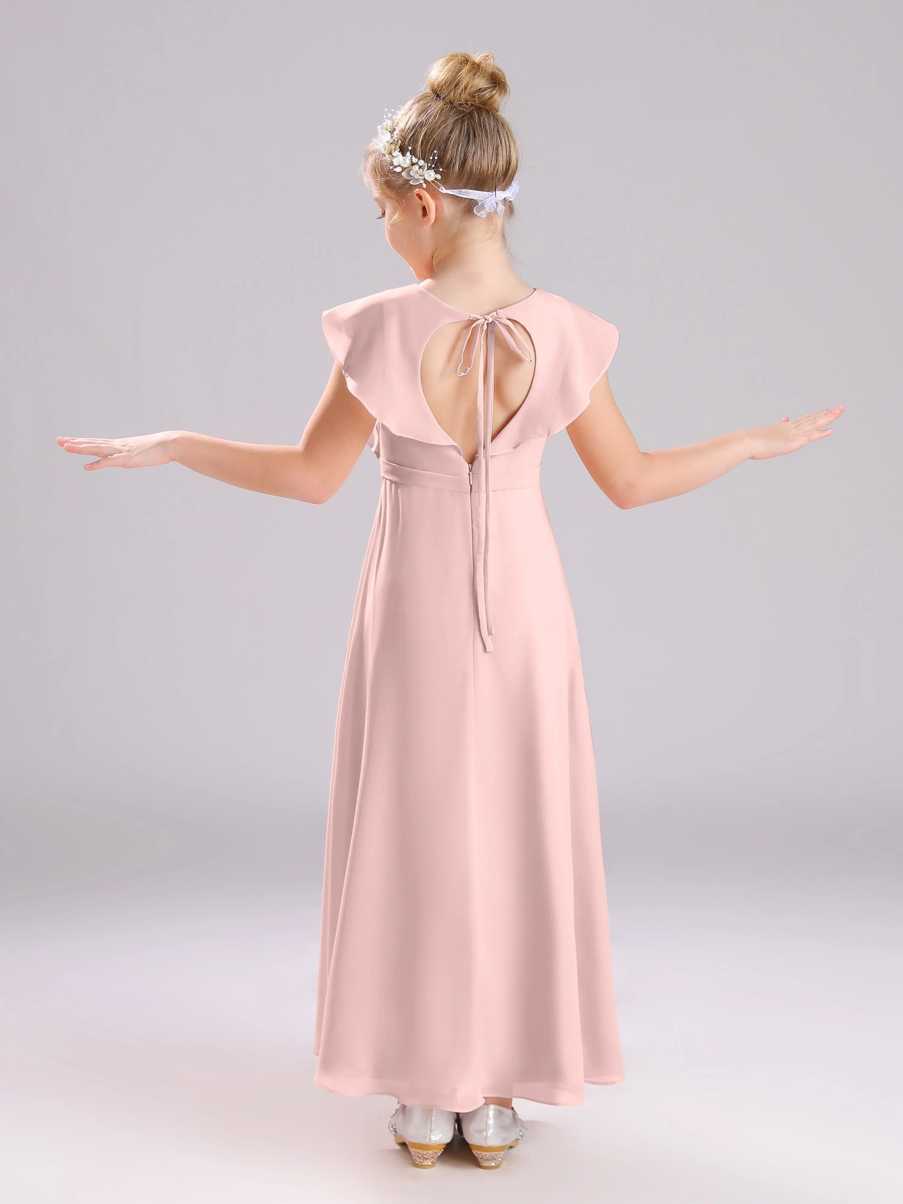 Cap Sleeves V-Neck Open Back Chiffon Junior Bridesmaid Dresses