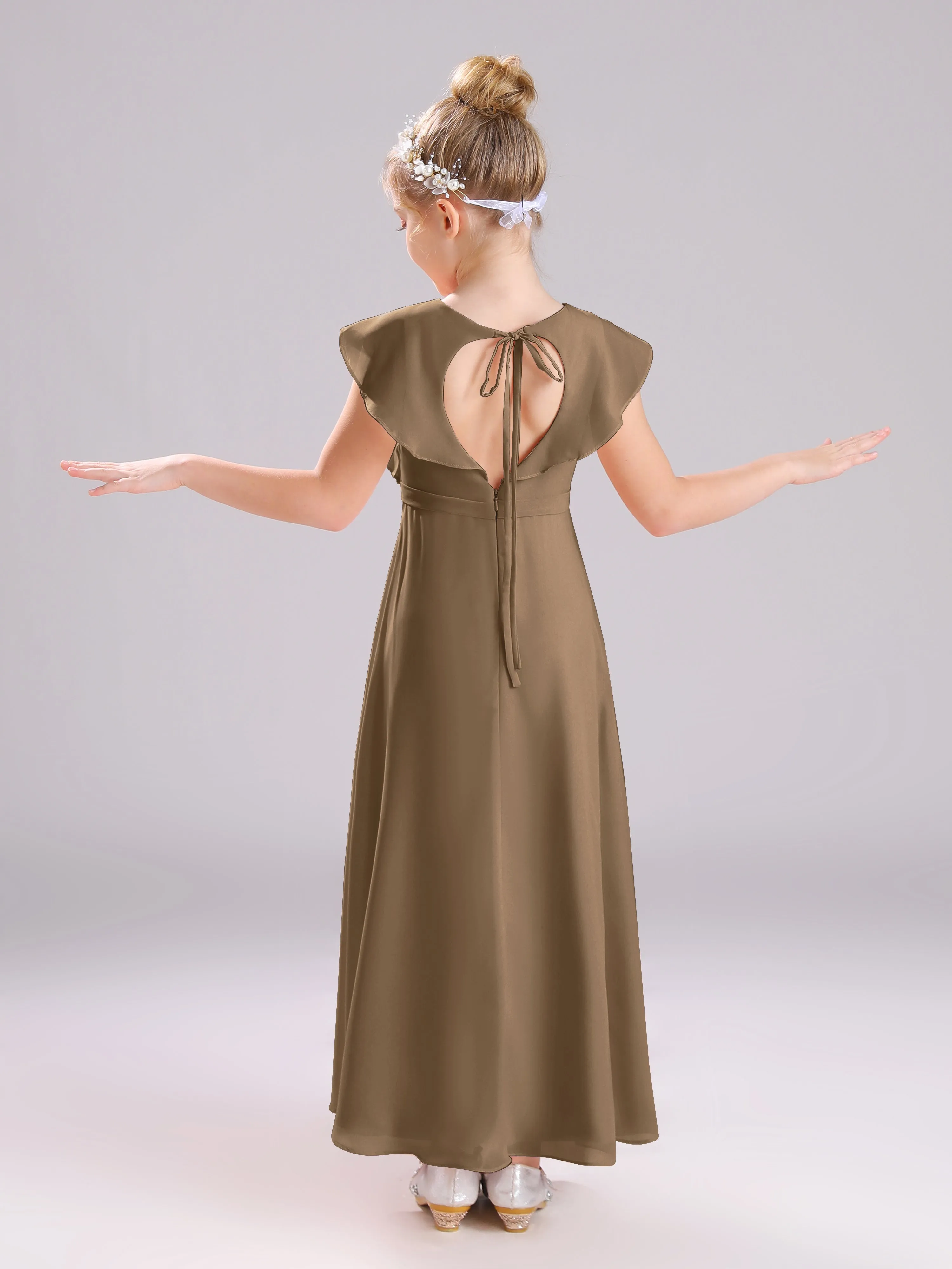 Cap Sleeves V-Neck Open Back Chiffon Junior Bridesmaid Dresses