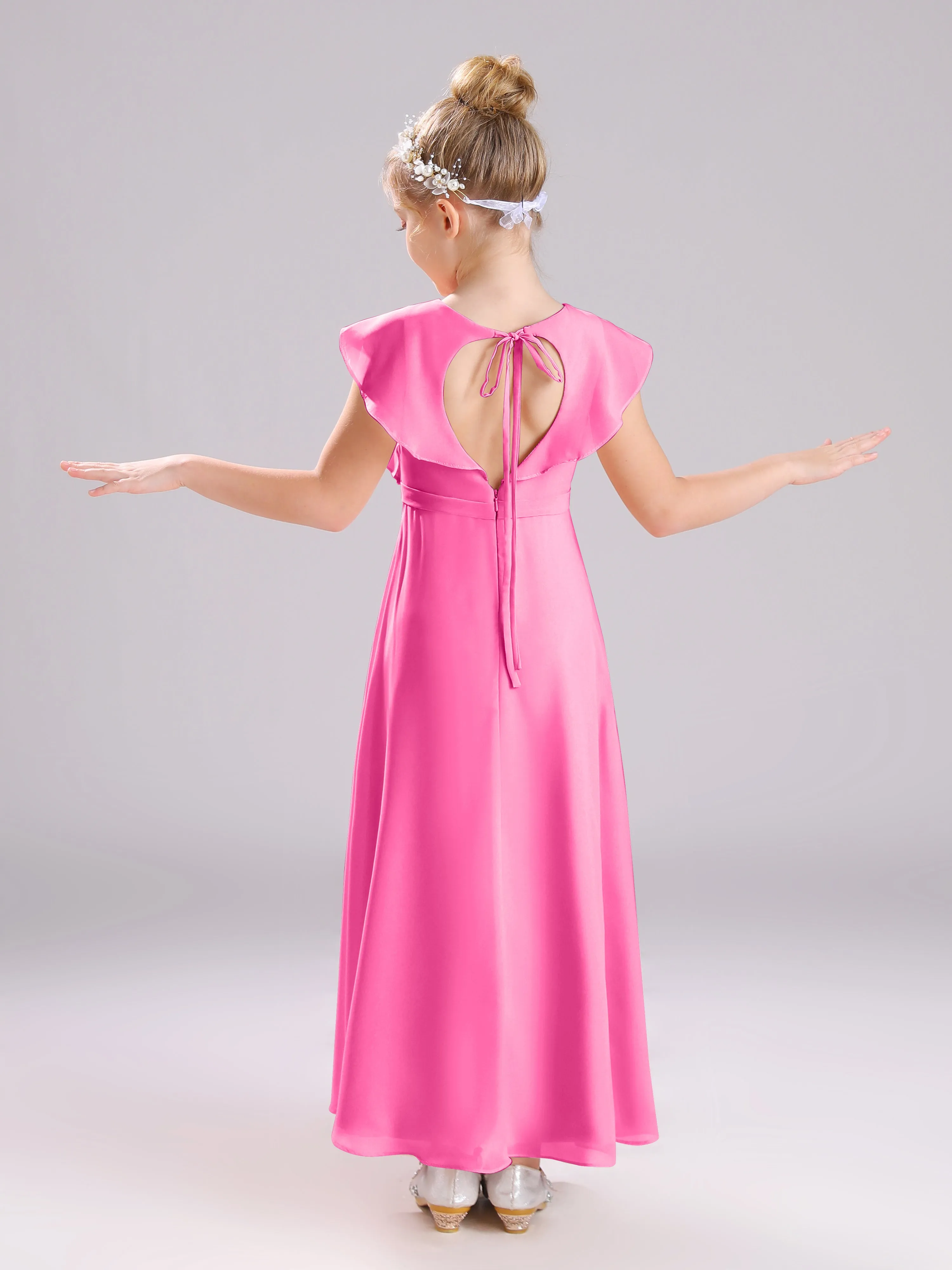 Cap Sleeves V-Neck Open Back Chiffon Junior Bridesmaid Dresses
