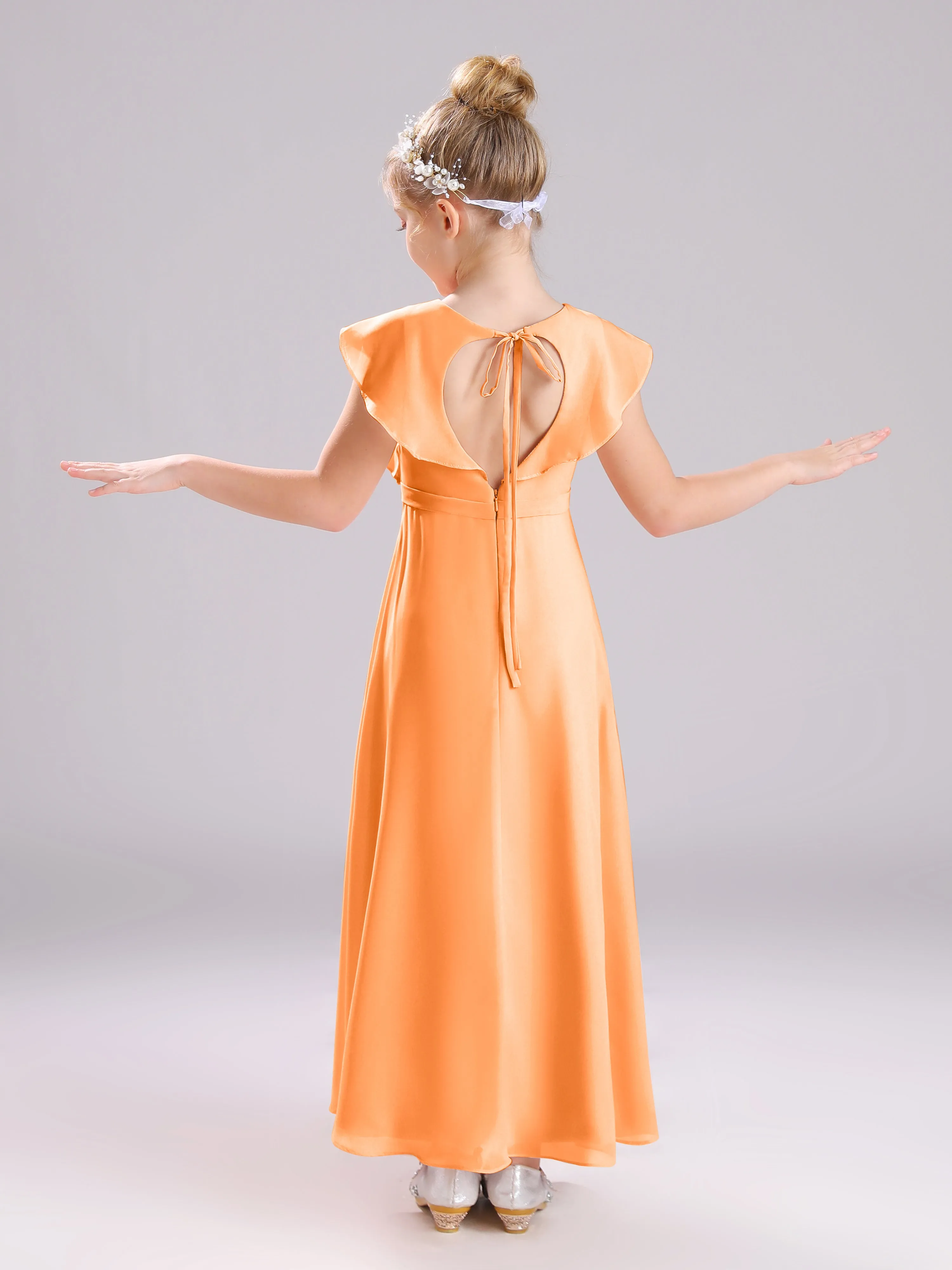 Cap Sleeves V-Neck Open Back Chiffon Junior Bridesmaid Dresses