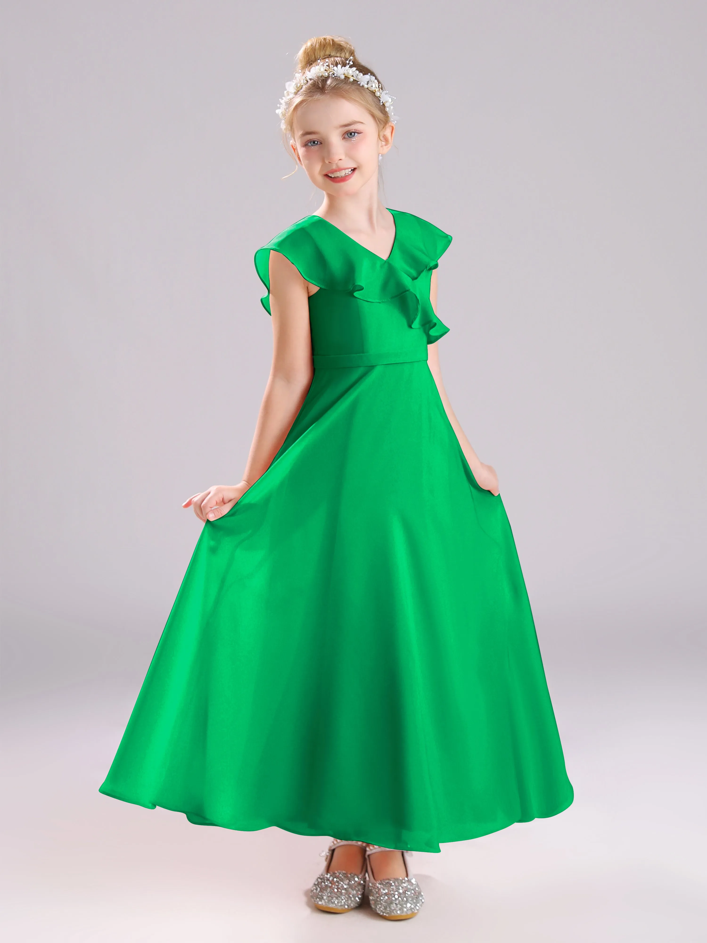 Cap Sleeves V-Neck Open Back Chiffon Junior Bridesmaid Dresses