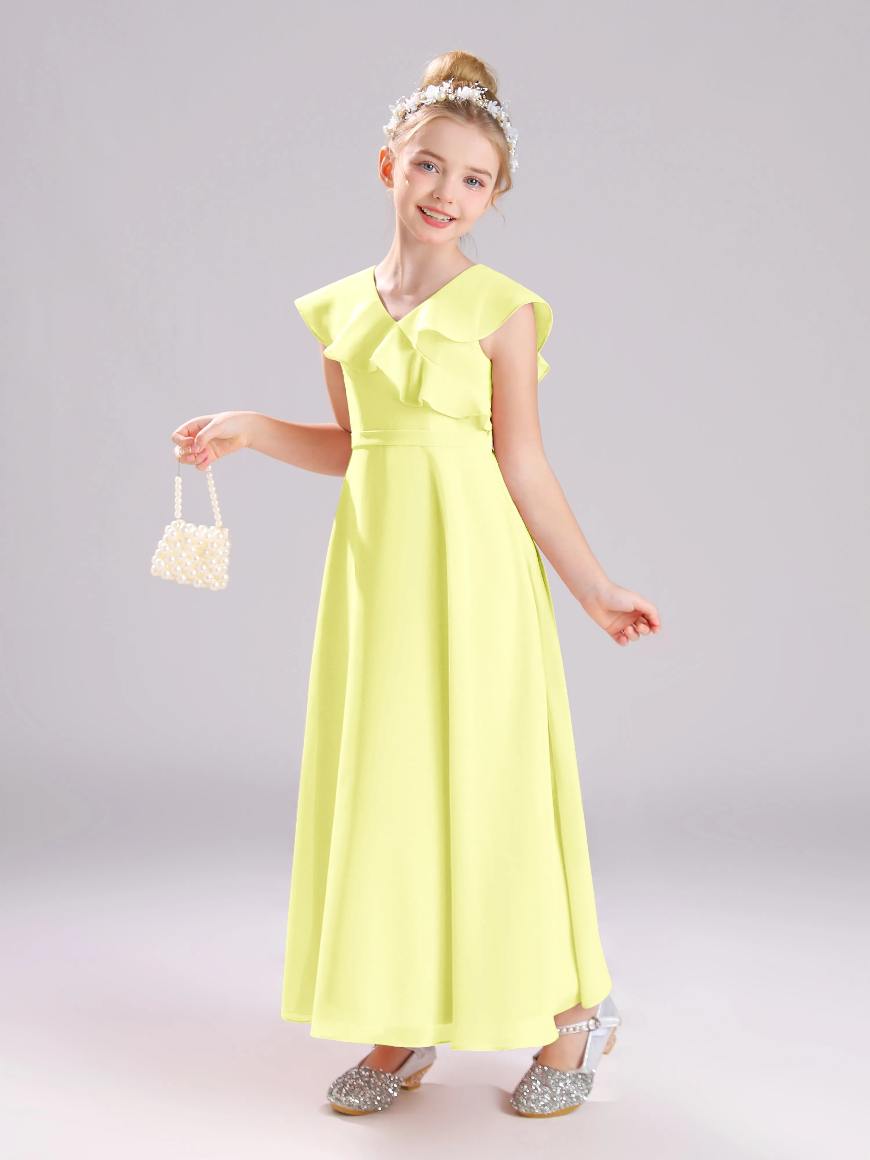 Cap Sleeves V-Neck Open Back Chiffon Junior Bridesmaid Dresses