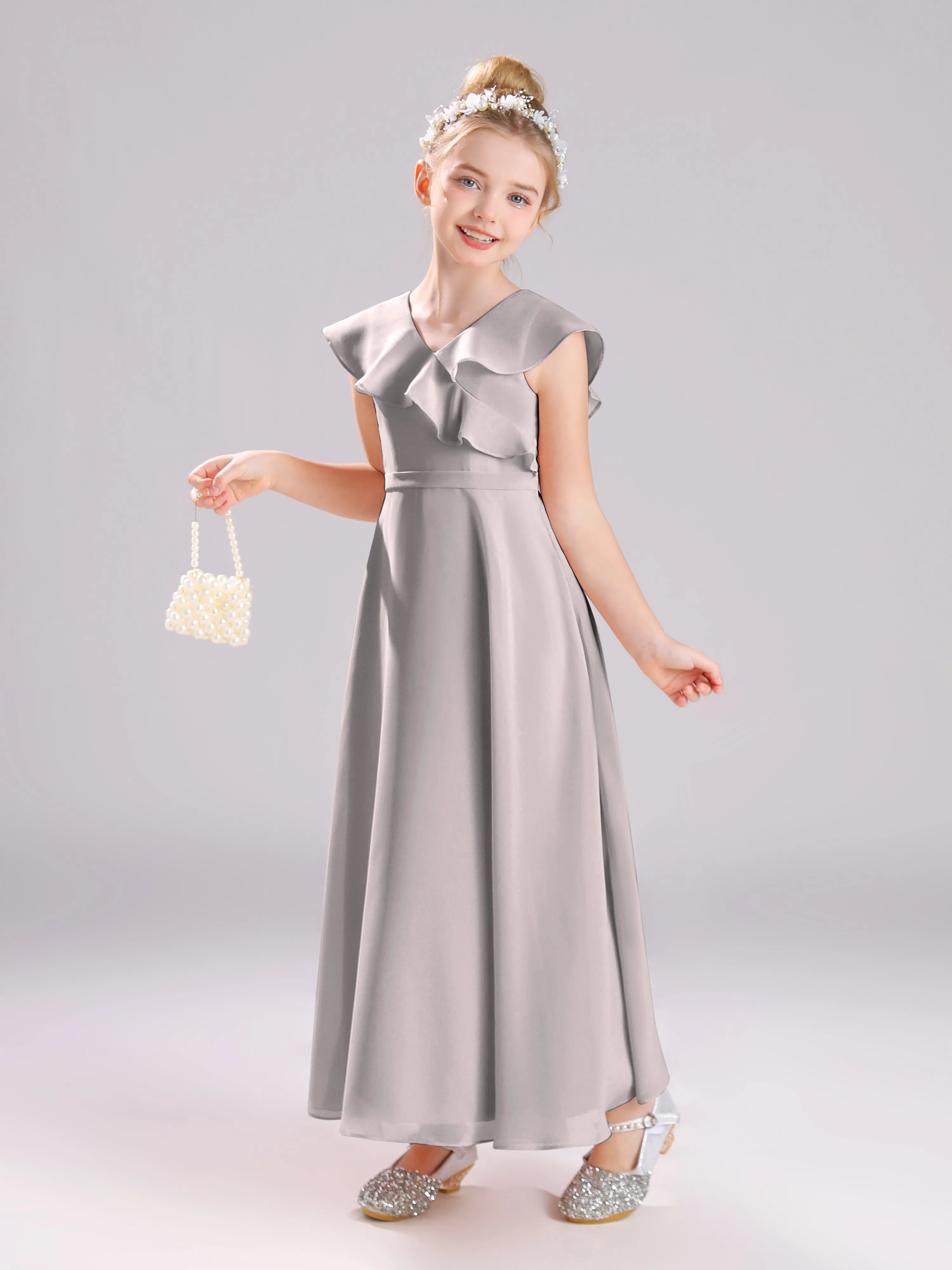 Cap Sleeves V-Neck Open Back Chiffon Junior Bridesmaid Dresses