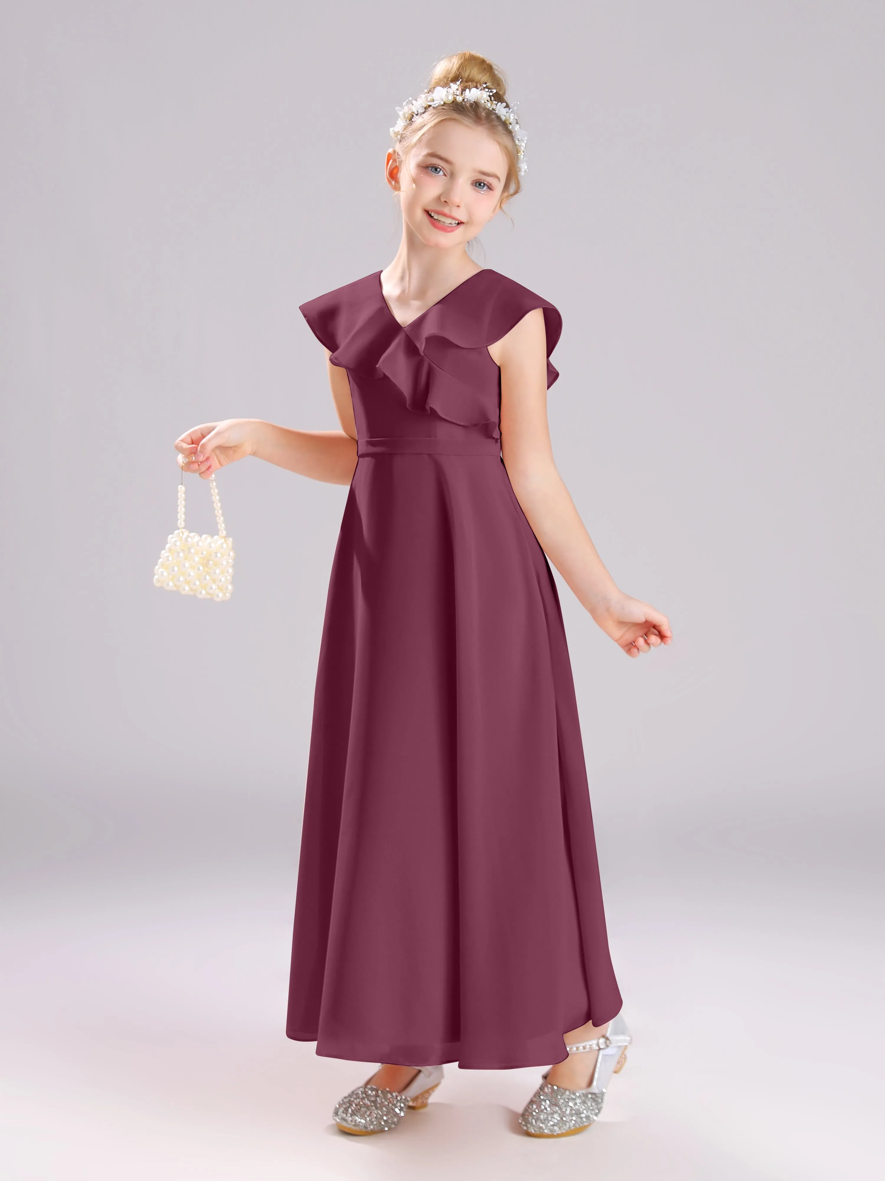 Cap Sleeves V-Neck Open Back Chiffon Junior Bridesmaid Dresses