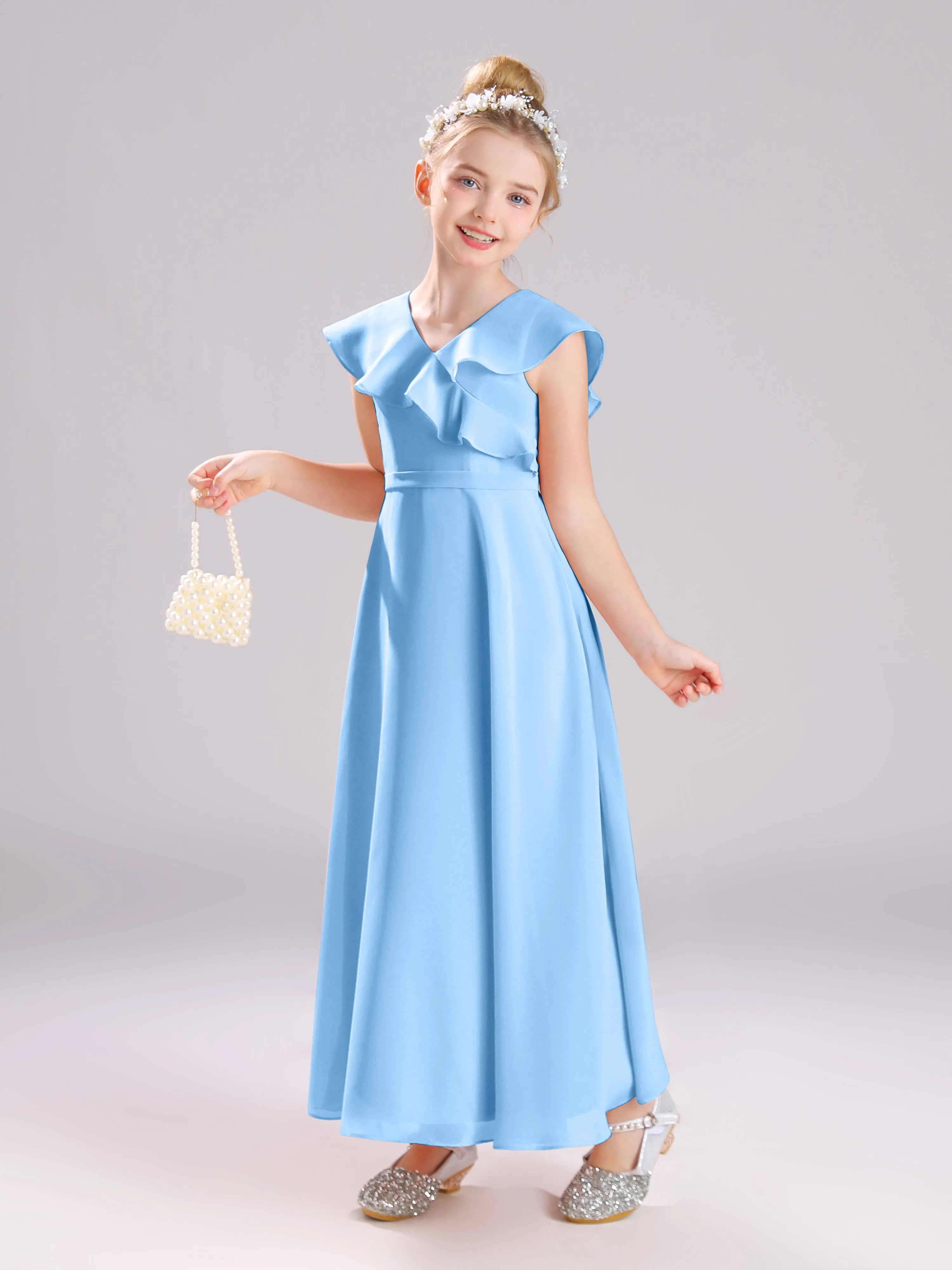 Cap Sleeves V-Neck Open Back Chiffon Junior Bridesmaid Dresses