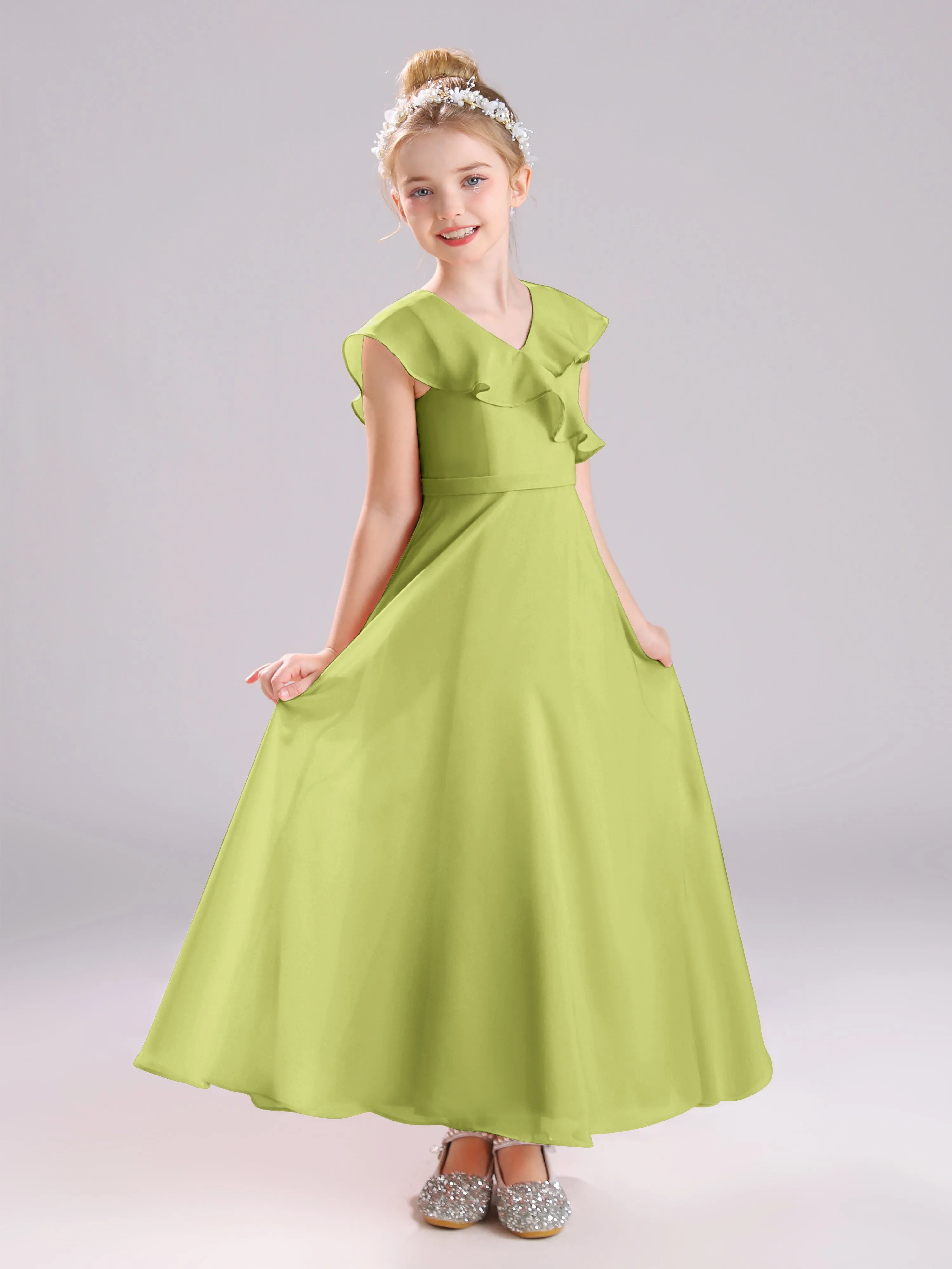Cap Sleeves V-Neck Open Back Chiffon Junior Bridesmaid Dresses