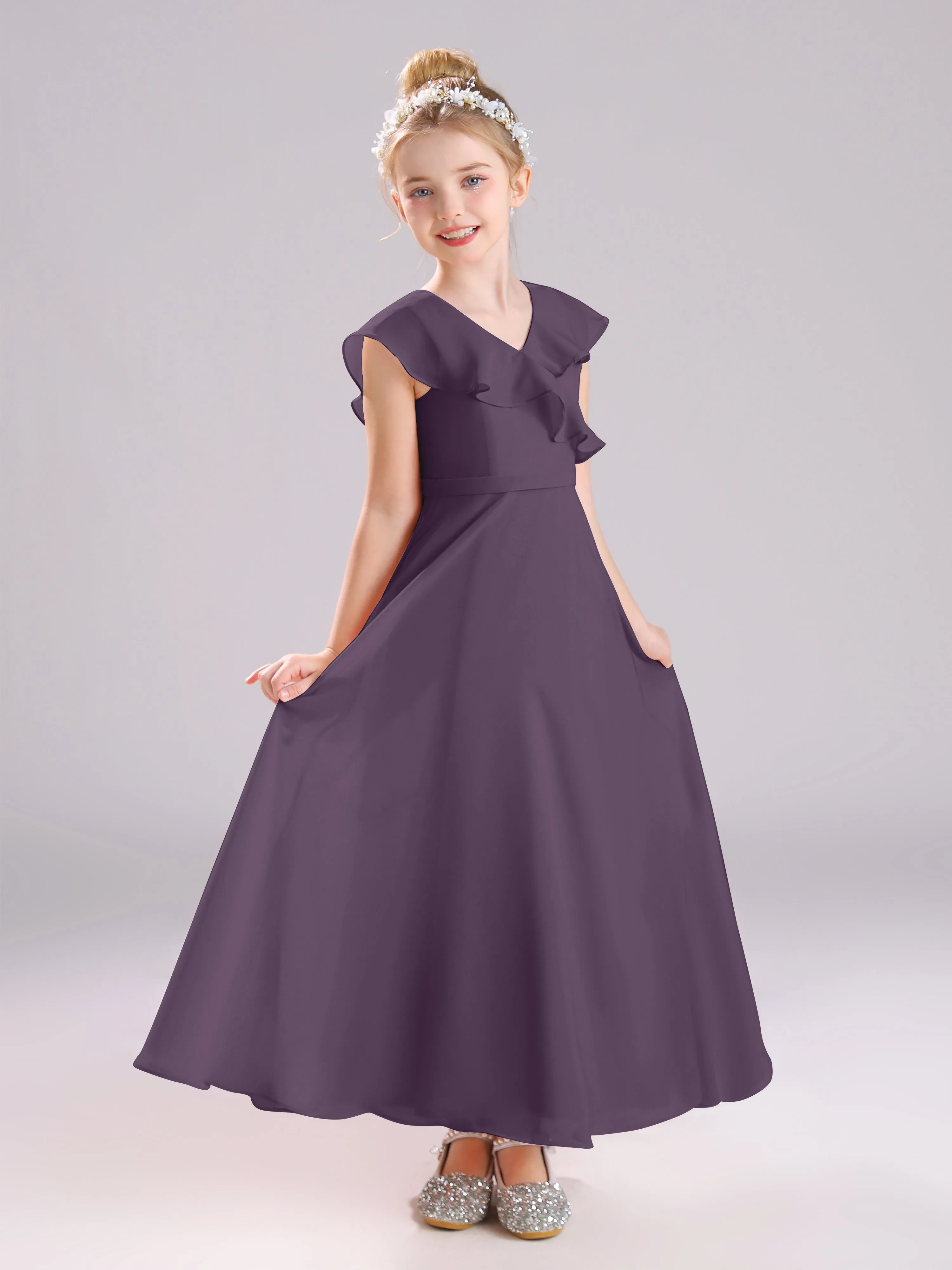Cap Sleeves V-Neck Open Back Chiffon Junior Bridesmaid Dresses