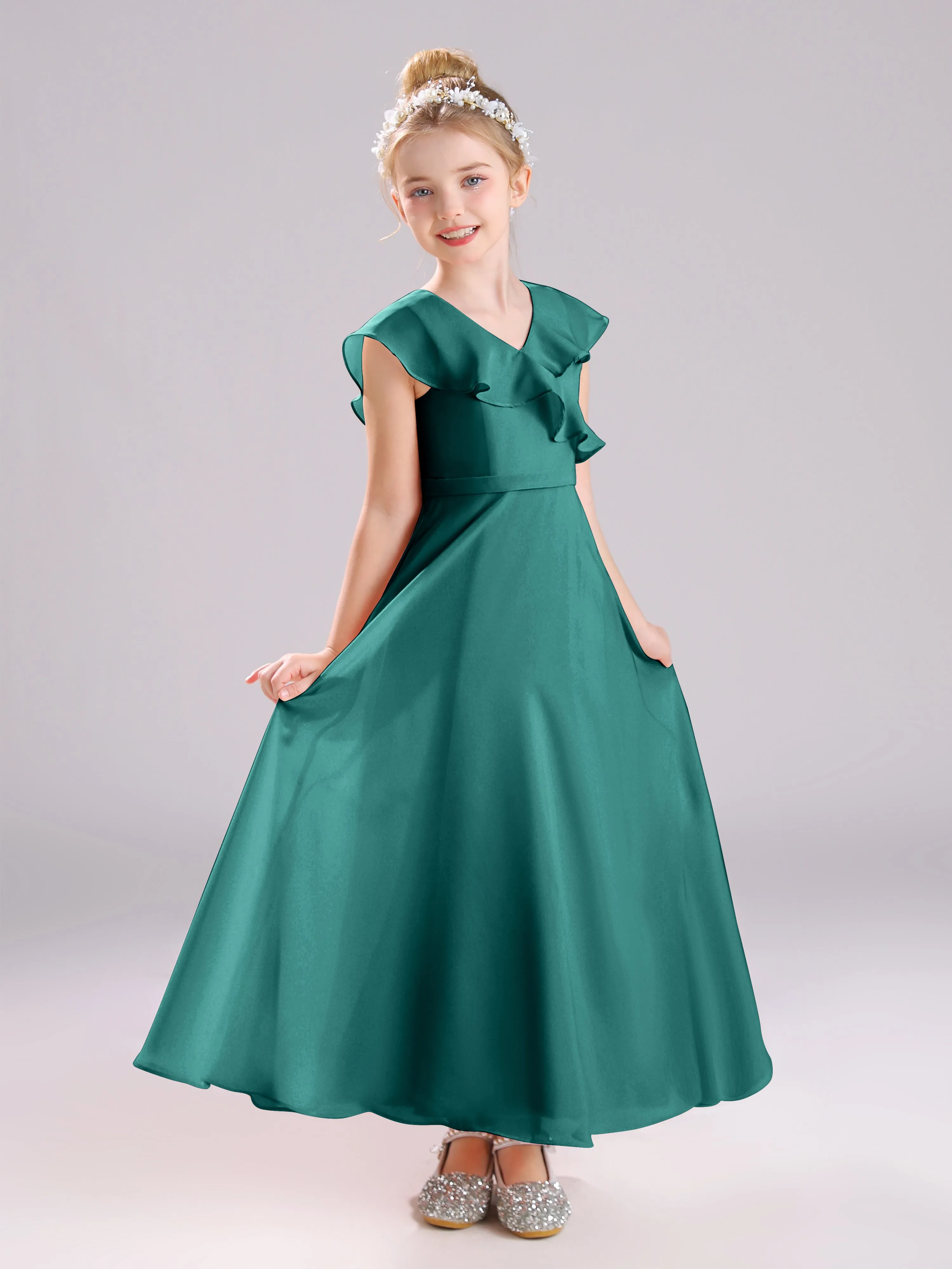 Cap Sleeves V-Neck Open Back Chiffon Junior Bridesmaid Dresses