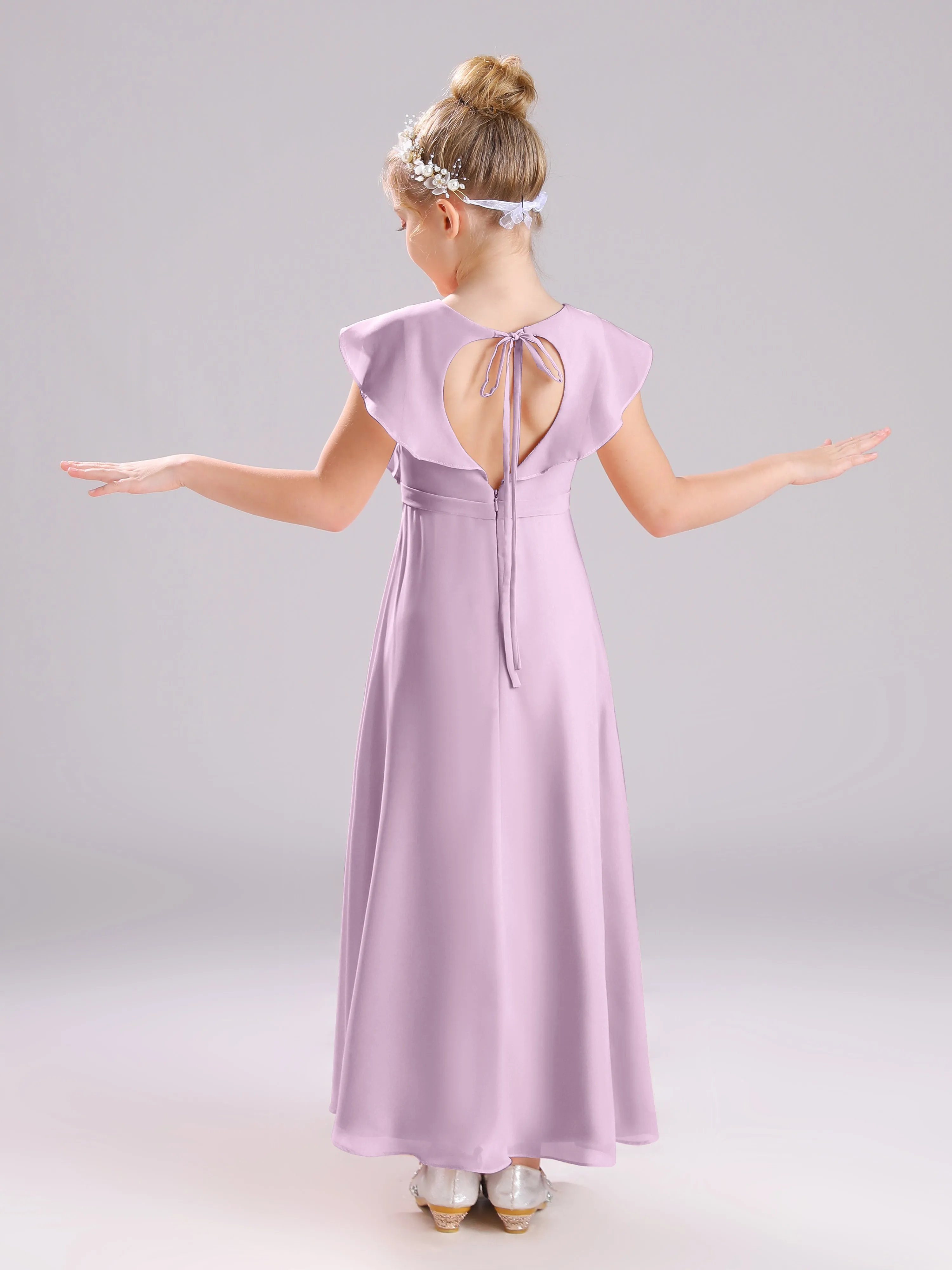 Cap Sleeves V-Neck Open Back Chiffon Junior Bridesmaid Dresses
