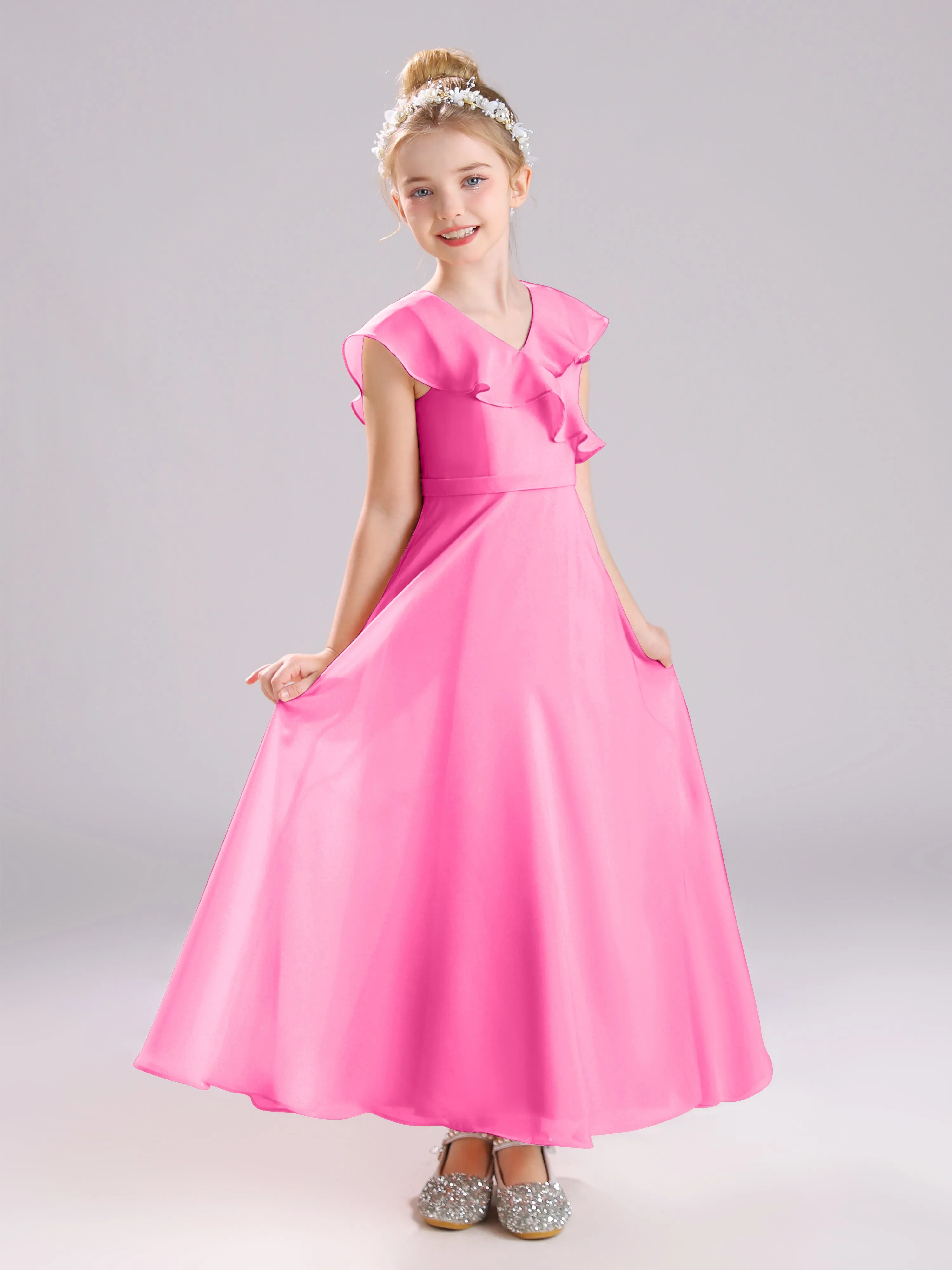 Cap Sleeves V-Neck Open Back Chiffon Junior Bridesmaid Dresses