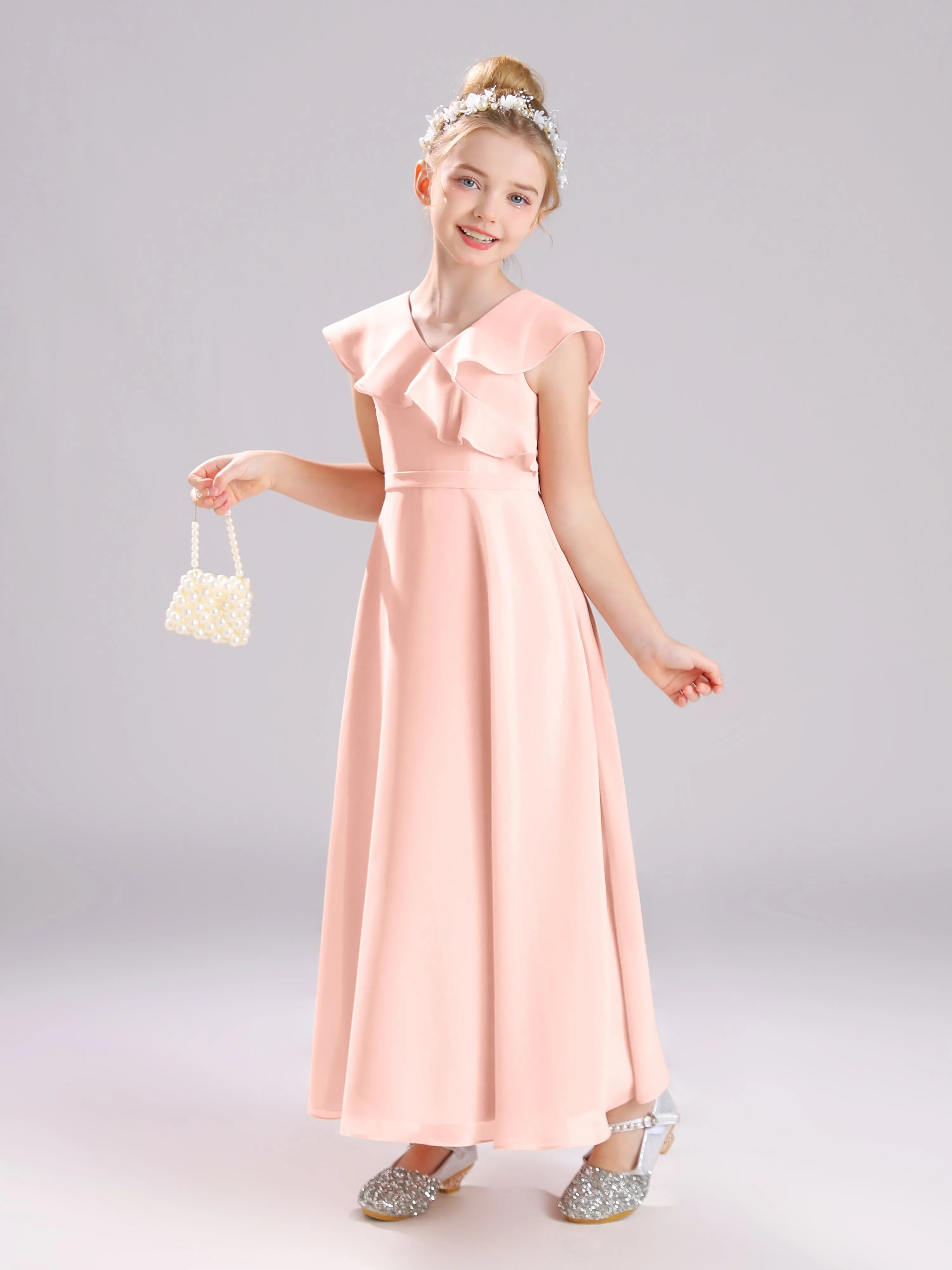 Cap Sleeves V-Neck Open Back Chiffon Junior Bridesmaid Dresses
