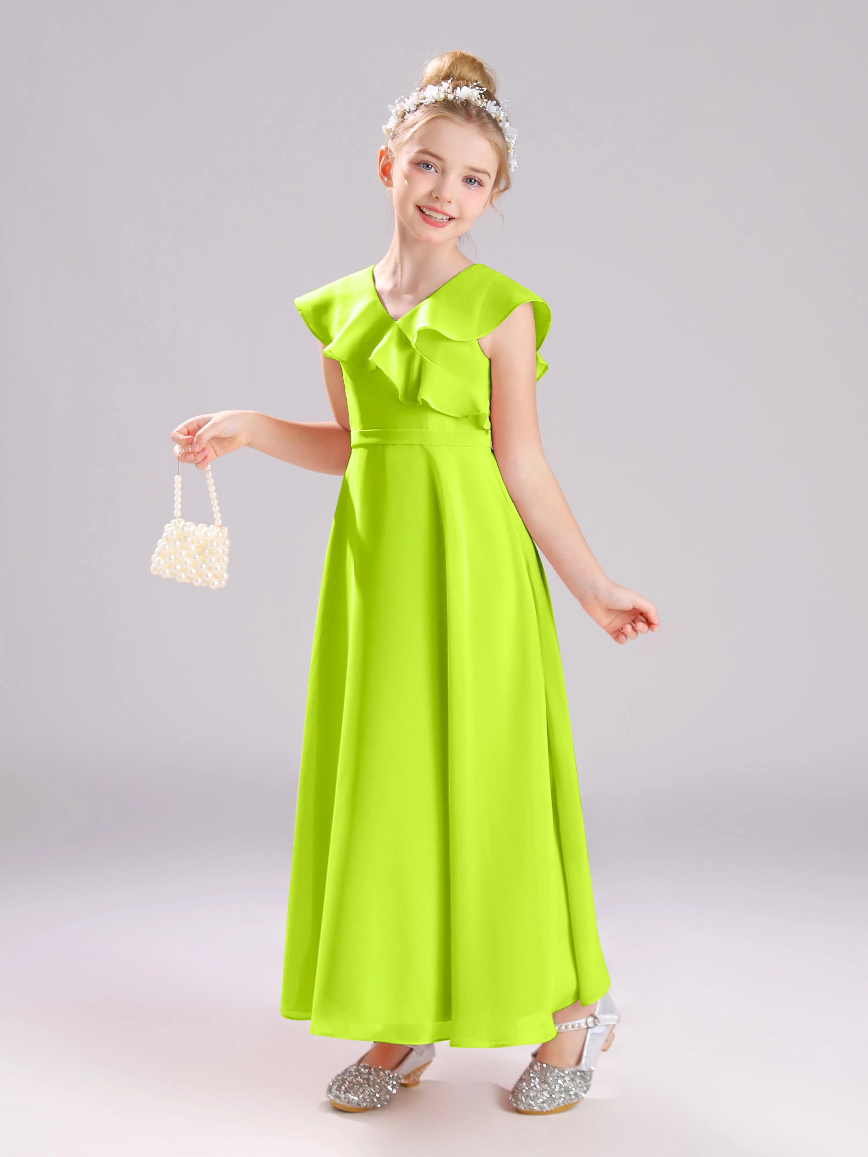 Cap Sleeves V-Neck Open Back Chiffon Junior Bridesmaid Dresses