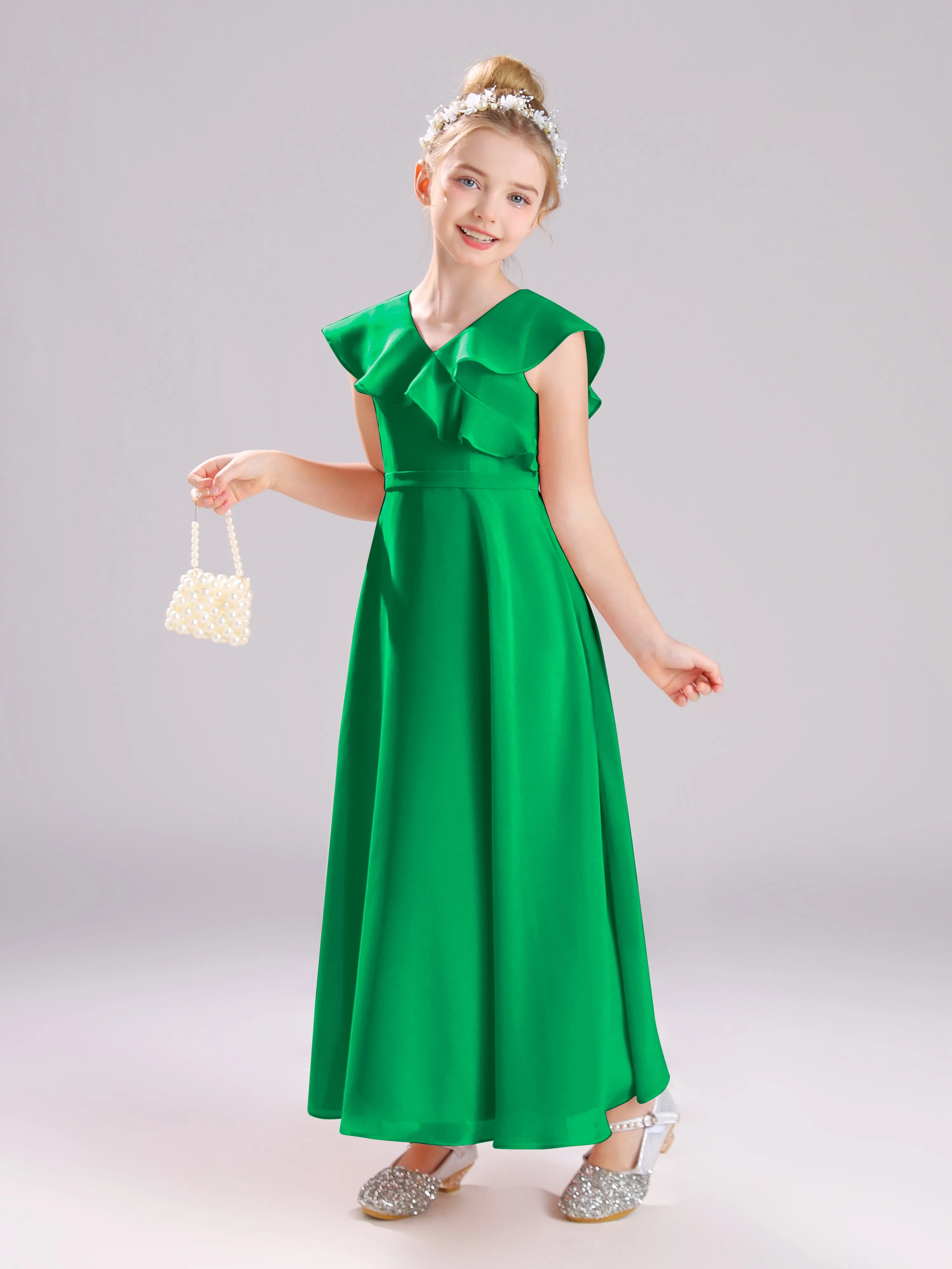 Cap Sleeves V-Neck Open Back Chiffon Junior Bridesmaid Dresses