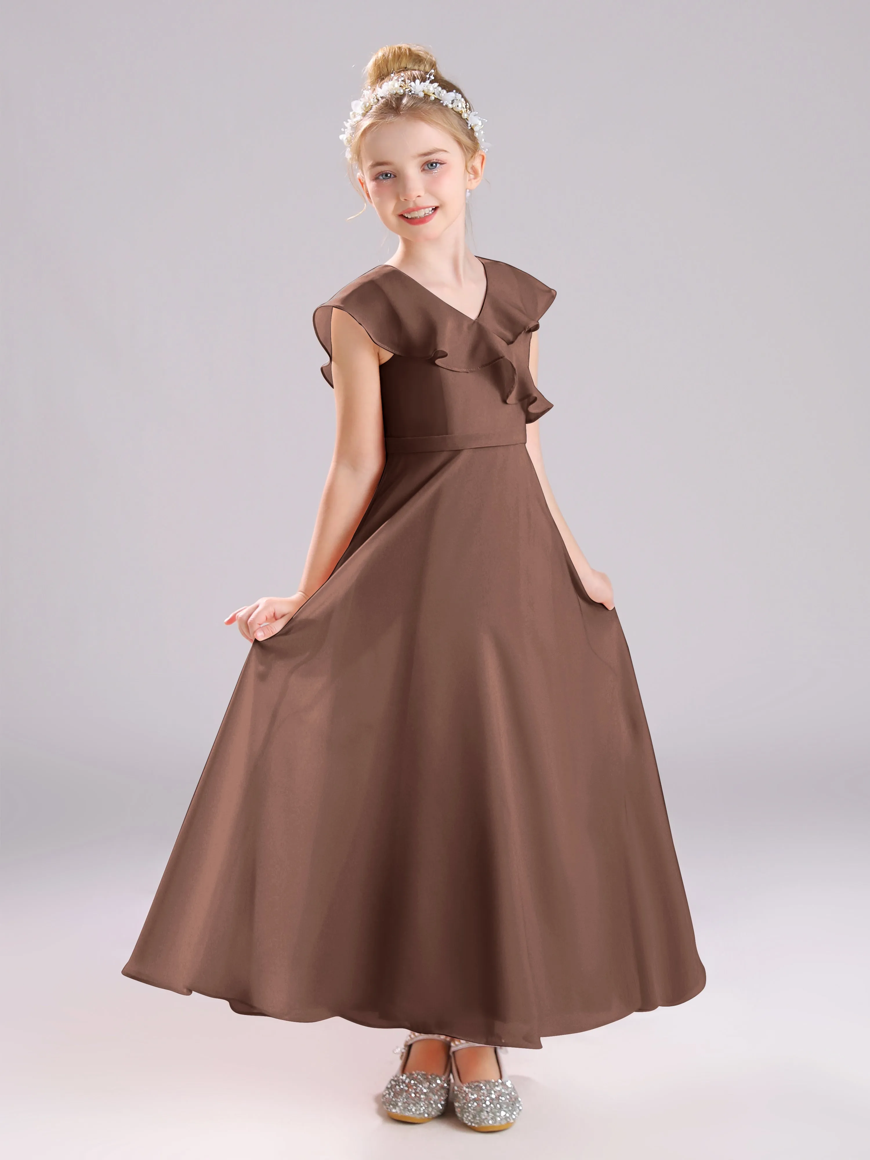 Cap Sleeves V-Neck Open Back Chiffon Junior Bridesmaid Dresses
