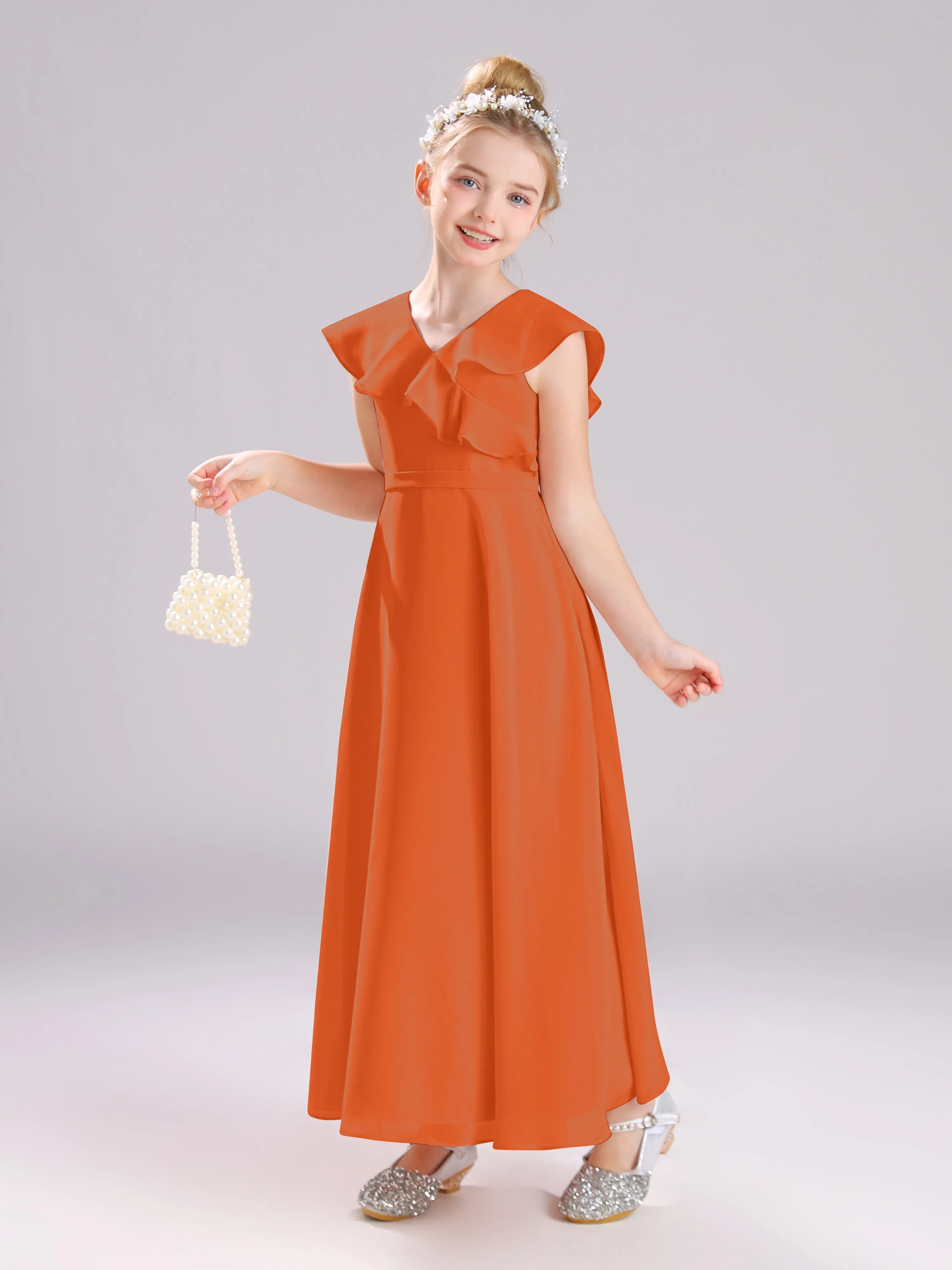 Cap Sleeves V-Neck Open Back Chiffon Junior Bridesmaid Dresses