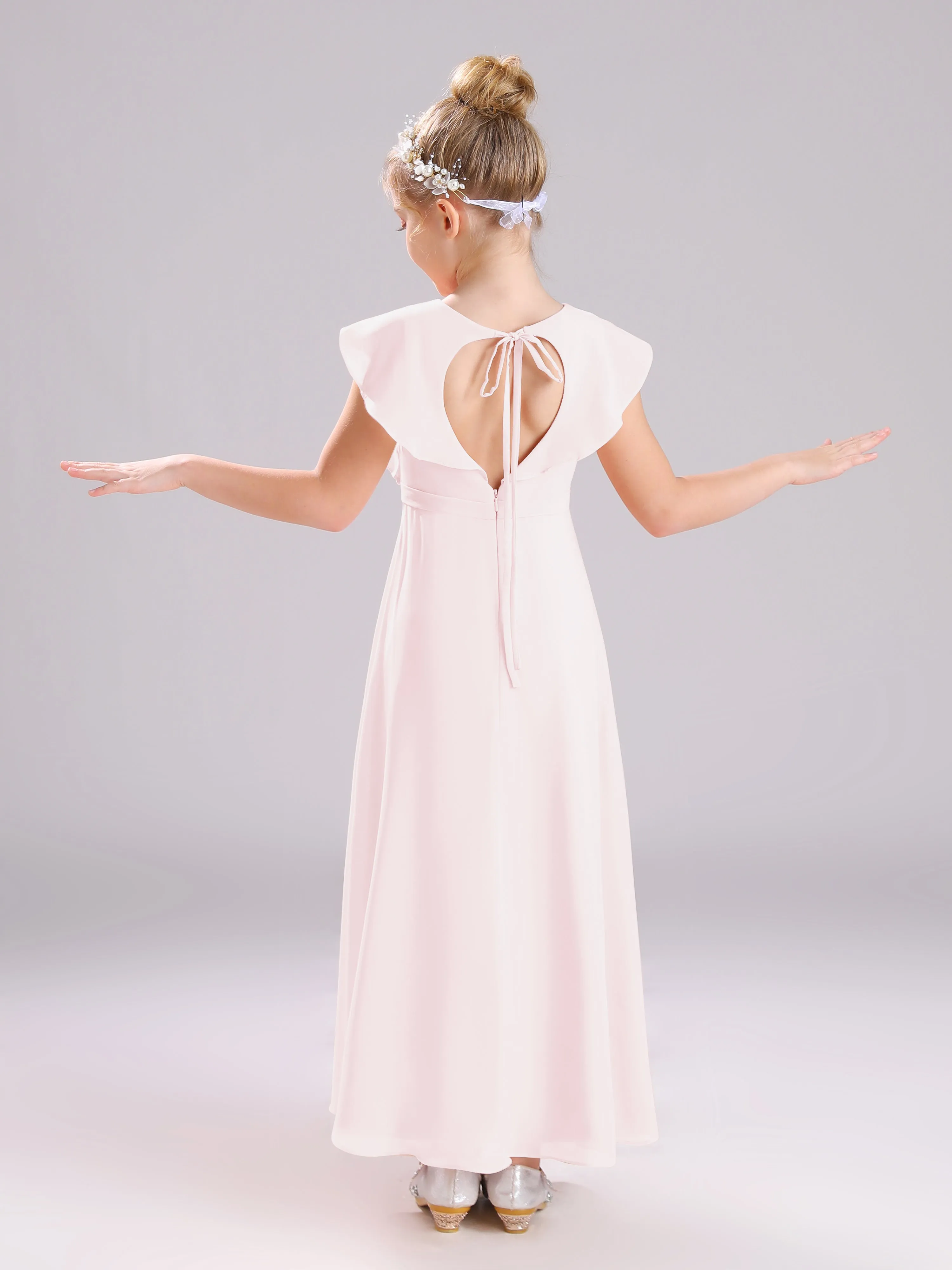 Cap Sleeves V-Neck Open Back Chiffon Junior Bridesmaid Dresses