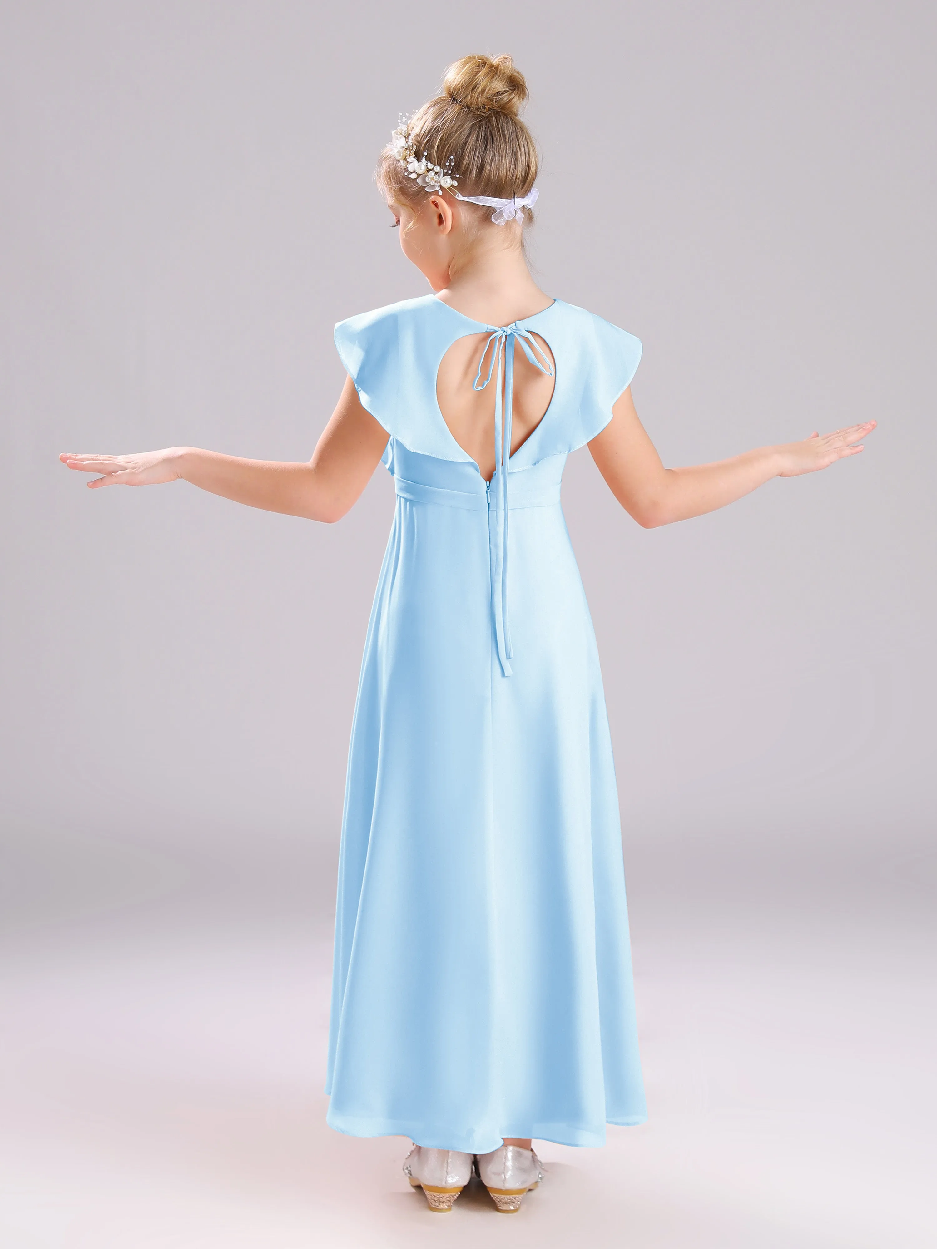 Cap Sleeves V-Neck Open Back Chiffon Junior Bridesmaid Dresses