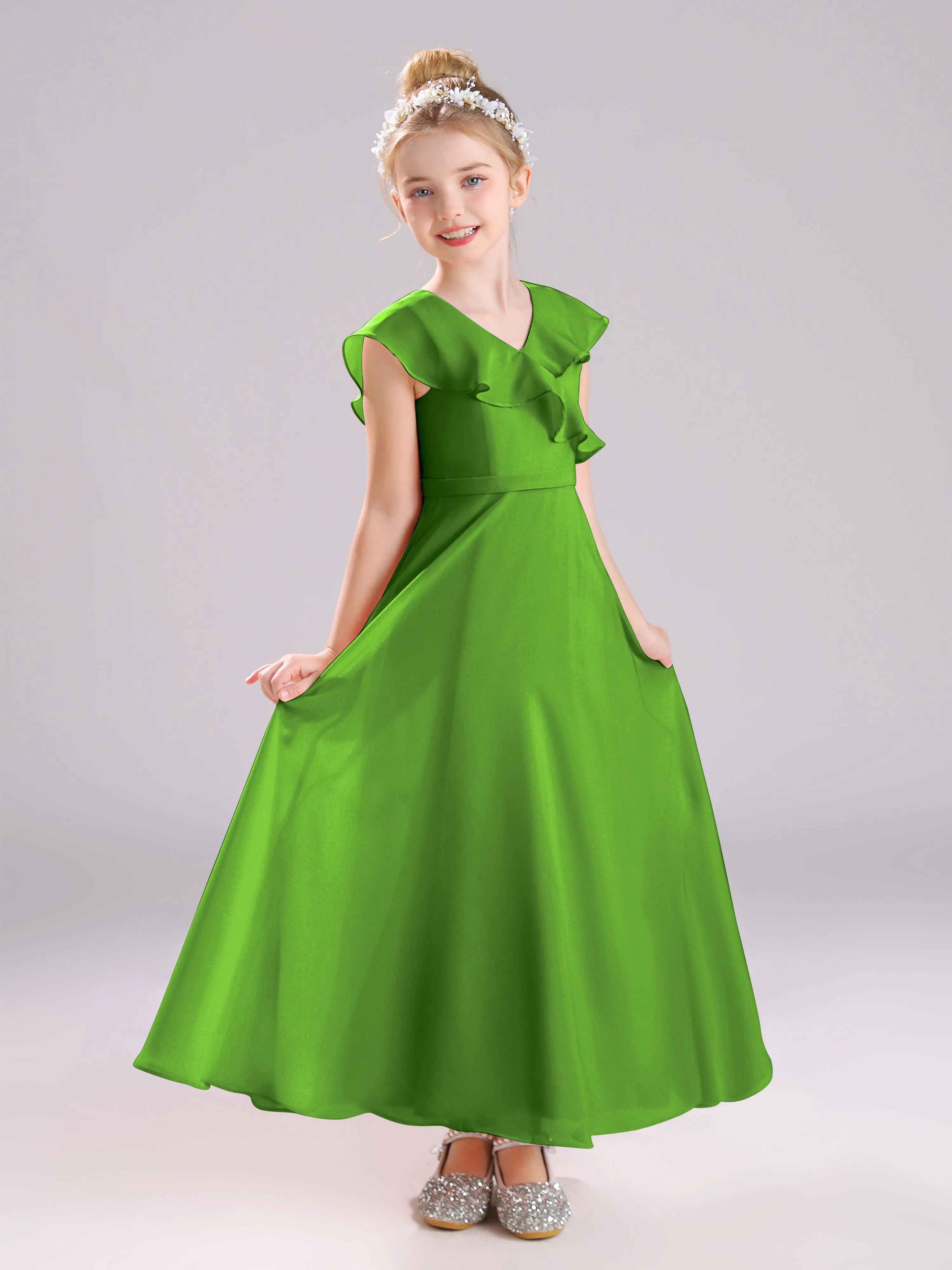 Cap Sleeves V-Neck Open Back Chiffon Junior Bridesmaid Dresses